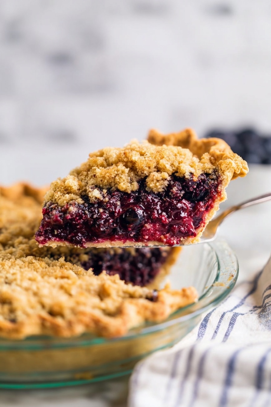 Blueberry Pie with Crumb Topping, blueberry pie recipe, easy blueberry pie, homemade blueberry dessert, blueberry crumble pie - The image shows a slice of berry crumble pie lifted above the rest of the pie in a clear glass pie dish. The pie has three layers: a golden, flaky crust on the bottom with a slightly crimped edge, a thick middle layer of dark purple mixed berries that look juicy, and a crumbly golden brown streusel topping covering the berries. The background is softly blurred with a white marbled surface and a soft cloth with blue stripes. The photo taken with an iphone --ar 2:3 --v 7
