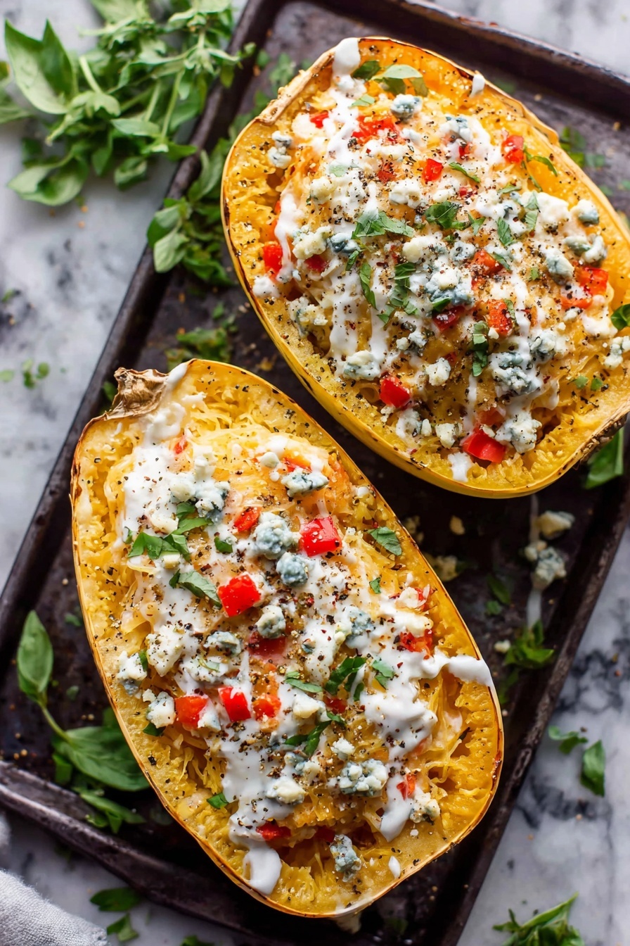 Buffalo Chicken Stuffed Spaghetti Squash, healthy buffalo chicken dinner, easy spaghetti squash recipes, low-carb stuffed squash, spicy chicken spaghetti squash - Two halves of a spaghetti squash filled with a creamy orange mixture of spaghetti squash strands, small diced red bell peppers, and melted cheese, topped with crumbles of blue cheese and fresh green herbs. A white creamy sauce is drizzled over the top with a sprinkle of black pepper, all resting on a dark baking tray with scattered fresh herb leaves around it, placed on a white marbled surface. photo taken with an iphone --ar 2:3 --v 7