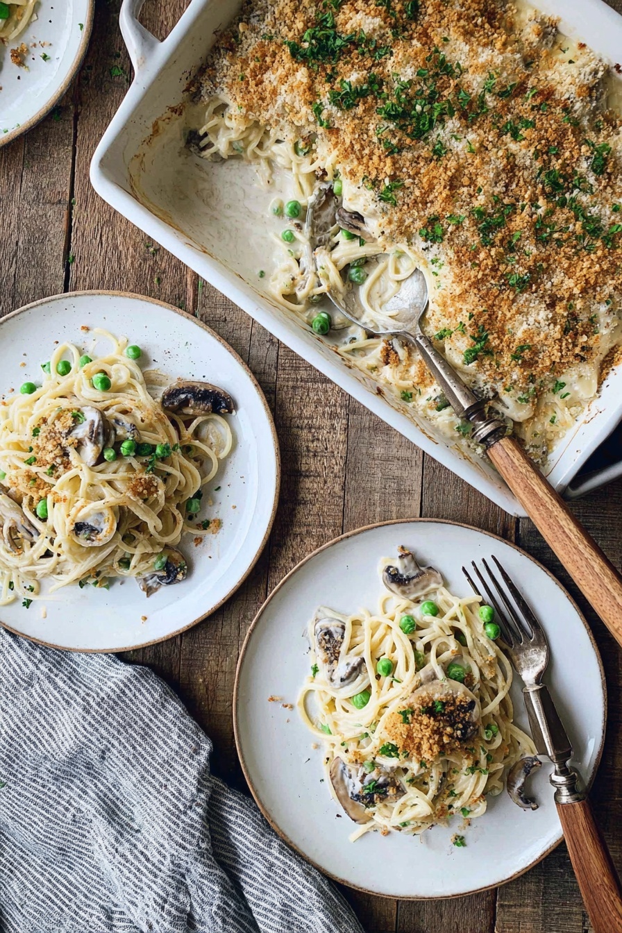 Creamy Turkey Tetrazzini Bake, Turkey Tetrazzini casserole, Mushroom turkey pasta bake, Comforting turkey casserole, Easy turkey pasta recipes - The image shows a white rectangular baking dish filled with a creamy spaghetti casserole topped with a golden brown breadcrumb crust and sprinkled with chopped green herbs. Inside the dish, there are visible green peas and slices of dark mushrooms mixed with the creamy pasta. Two servings of the casserole have been plated separately on white round plates, each layered with creamy white sauce spaghetti, green peas, and mushrooms, and garnished with crumbs and herbs. A silver fork with a wooden handle rests on the main plate. The setting is on a rustic wooden table with a gray and white striped cloth nearby. Photo taken with an iphone --ar 2:3 --v 7