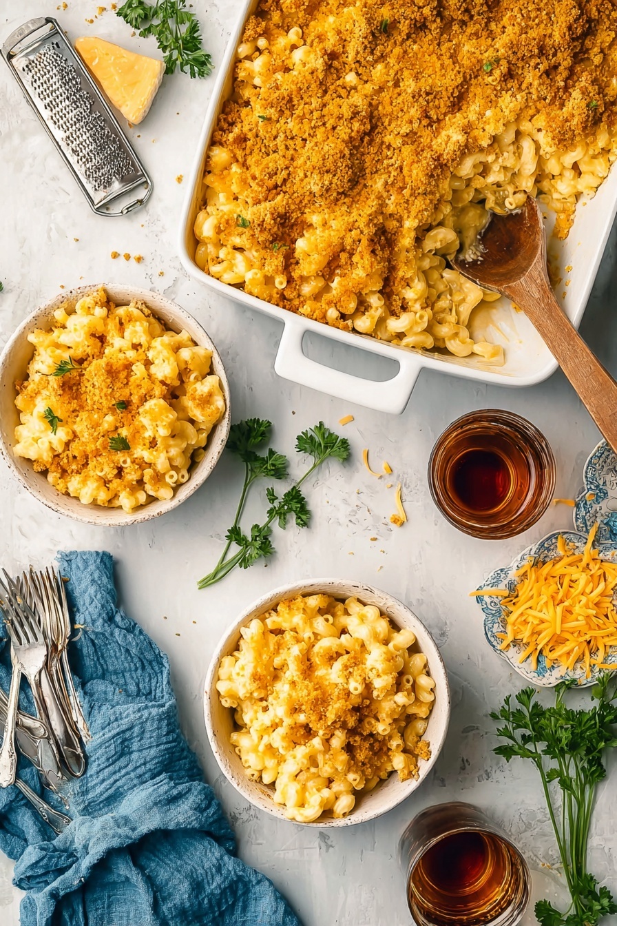 Creamy Cheddar Mac and Cheese Bake, cheesy baked mac and cheese, ultimate comfort food recipe, homemade mac and cheese casserole, easy cheesy baked pasta - The image shows a white baking dish filled with macaroni and cheese, topped with a golden-brown crumbly layer. The top right corner is scooped out by a wooden spoon, revealing creamy cheese-covered macaroni underneath. Two white bowls each hold a serving of the macaroni and cheese with the same crumb topping, placed above and below the baking dish. The scene also includes a blue cloth napkin on the left, three silver forks lined up below the left bowl, a pile of shredded cheddar cheese and a metal grater on the bottom right, and two clear glasses of dark amber liquid near the bowls. Fresh green parsley sprigs are scattered around for decoration, all on a white marbled surface. Photo taken with an iphone --ar 2:3 --v 7