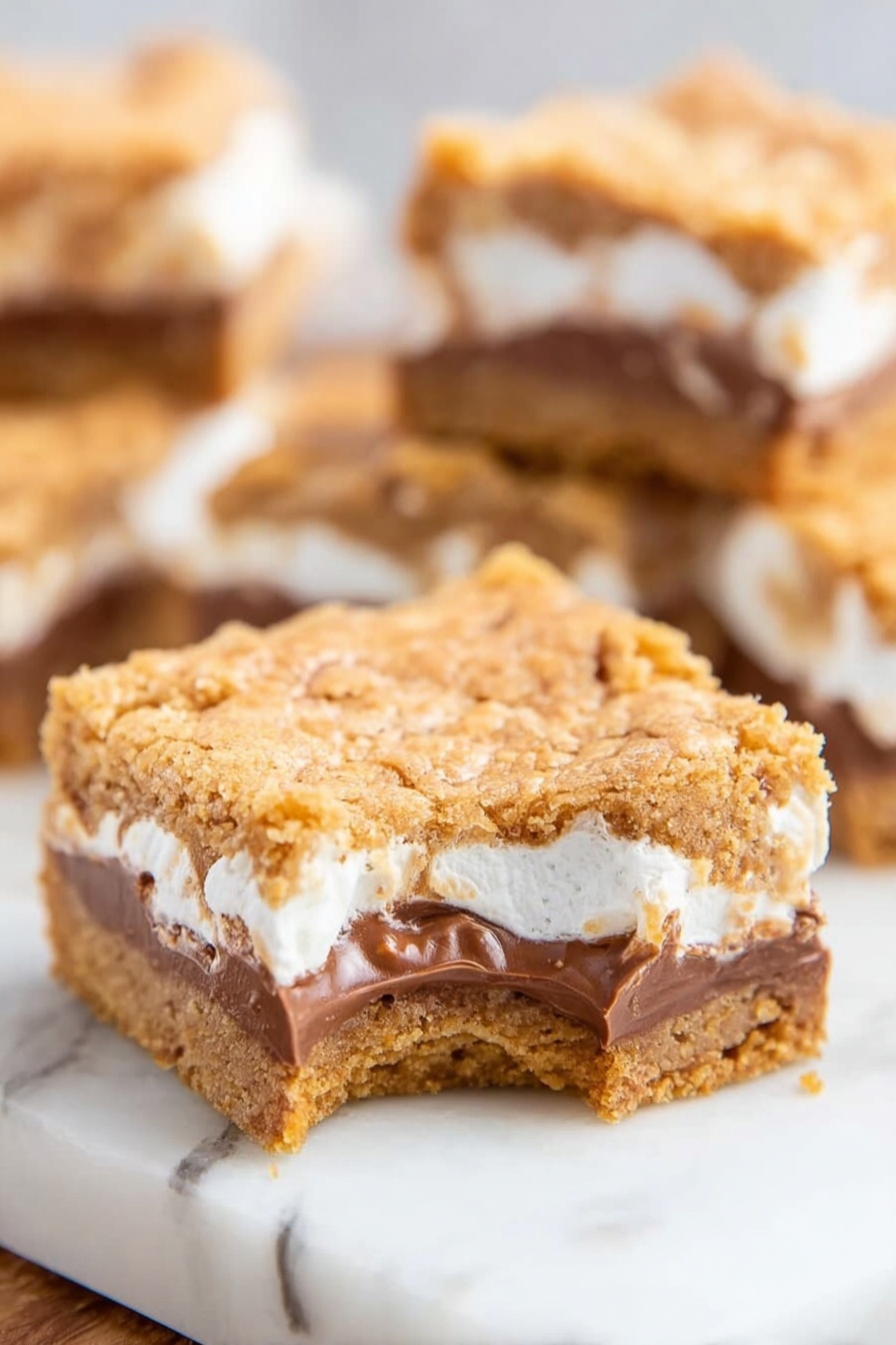 Gooey Cookie Butter S'mores Blondies, cookie butter blondies, s'mores dessert recipes, easy blondie recipes, chocolate marshmallow blondies - The image shows a close-up of a stack of three dessert bars. Each bar has three visible layers: a bottom cookie dough layer that is light brown and slightly crumbly, a middle layer with melted dark chocolate that looks thick and smooth, and a top layer of marshmallow which is white and fluffy with patches of light golden brown cookie dough spread unevenly on top. The bars are stacked on a white marbled surface with a blurred background. The drawing captures the soft and chewy texture of each layer. Photo taken with an iphone --ar 2:3 --v 7