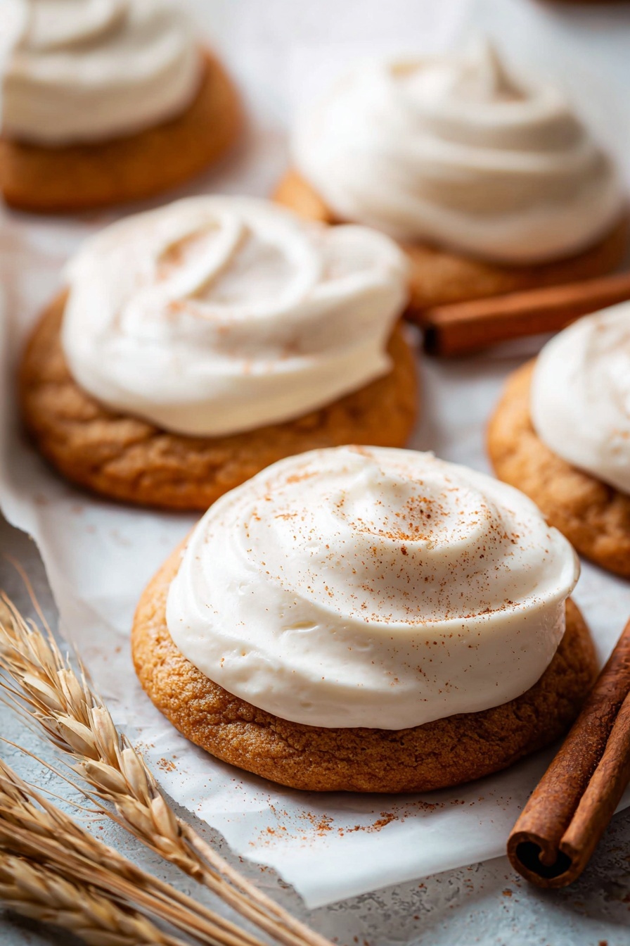 Pumpkin Cookies with Cream Cheese Frosting, pumpkin spice cookies, fall dessert recipes, soft pumpkin cookies, easy pumpkin cookie recipe - The image shows soft round cookies with a light brown color, each topped with a thick swirl of creamy white frosting. The frosting is smooth with gentle peaks and is sprinkled lightly with a fine dusting of cinnamon or similar brown spice. The cookies are placed close together on a white parchment paper inside a tray, with some cinnamon sticks and wheat stalks on the side. The background is a white marbled surface, adding a clean, bright feel to the scene. The focus is on the cookie in front, showing the smooth texture of frosting and the slightly rough surface of the cookie beneath. photo taken with an iphone --ar 2:3 --v 7