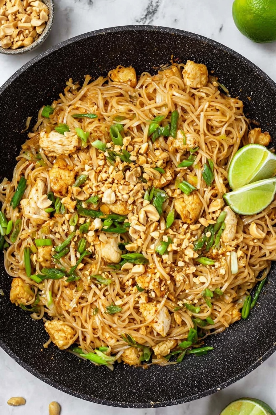Easy Chicken Pad Thai, Chicken Pad Thai recipe, authentic Thai Chicken Pad Thai, quick Chicken Pad Thai, homemade Chicken Pad Thai - A black pan filled with stir-fried noodles that are light brown and mixed with small pieces of cooked chicken that are golden and white. Bright green chopped spring onions are scattered evenly on top, along with crushed peanuts adding a pale beige crunch. There are two lime wedges placed on the noodles, one near the center and one on the edge. The pan sits on a white marbled surface with a few scattered peanuts nearby. photo taken with an iphone --ar 2:3 --v 7