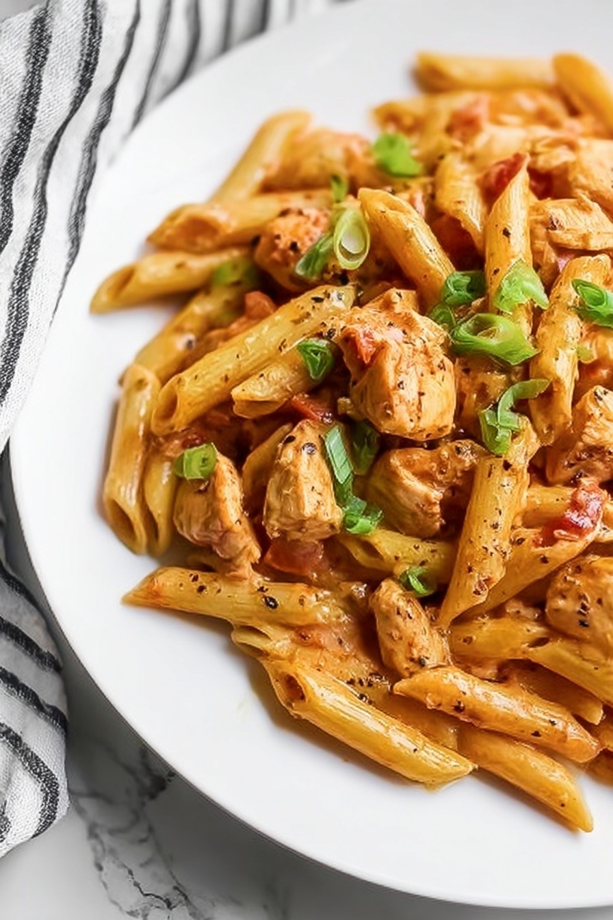 Creamy Cajun Chicken Pasta, Cajun pasta with chicken, quick creamy pasta, spicy chicken pasta, easy one-pot Cajun dish - A white plate holds a tasty mix of penne pasta covered in a creamy orange sauce. The pasta is joined by small pieces of cooked chicken and bits of tomato, all mixed together. Bright green chopped green onions are sprinkled over the top to add color. A black fork rests on the right side of the plate, partially digging into the food. The plate is set on a white marbled surface with a striped cloth nearby. photo taken with an iphone --ar 2:3 --v 7