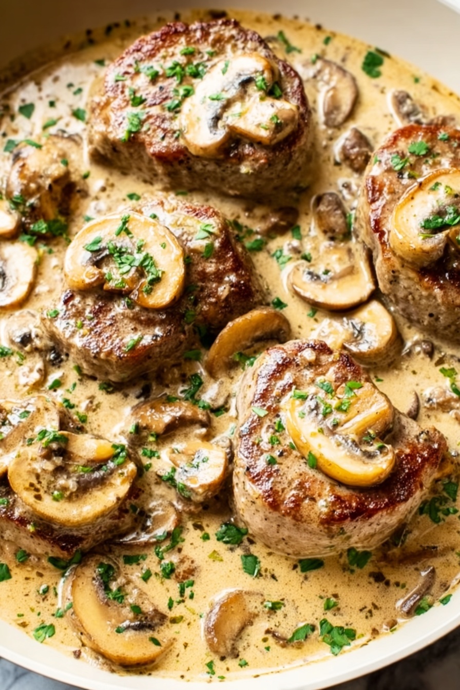 Creamy Mushroom Pork Tenderloin, easy pork tenderloin recipe, mushroom sauce pork, quick dinner ideas, flavorful pork recipes - The dish shows four cooked pieces of meat with a brown and light golden color, each topped with a slice of mushroom. They are surrounded by a creamy light beige sauce that has whole and sliced mushrooms spread evenly throughout. Sprinkles of green herbs are scattered on top and around the meat, adding fresh color contrast. The food is presented close-up on a white marbled texture background. photo taken with an iphone --ar 2:3 --v 7