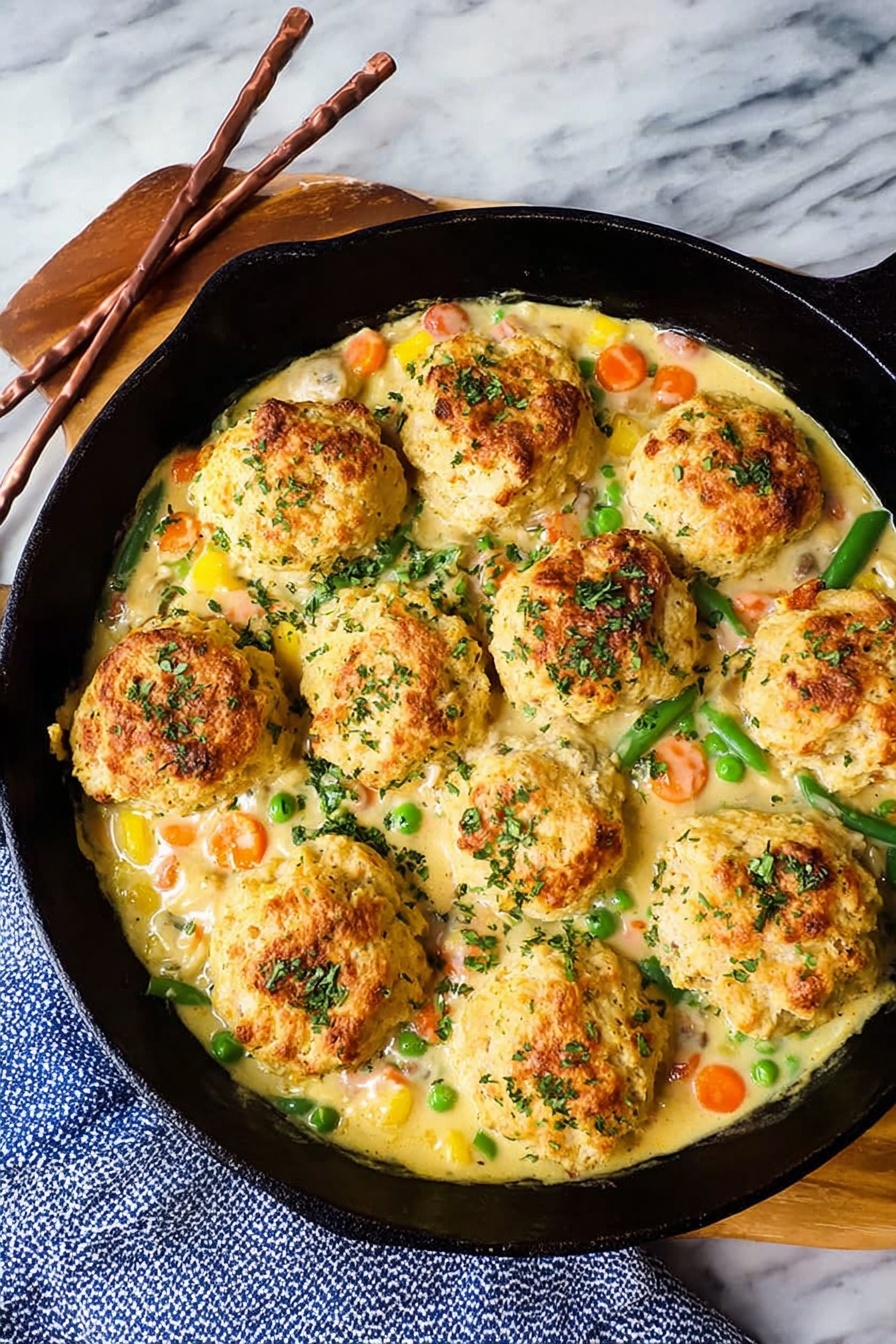 Cheddar Bay Biscuit Chicken Pot Pie, cheesy chicken pot pie with biscuits, Southern-inspired chicken pie, easy comfort food dinner, flaky biscuit chicken casserole - This image shows a black cast iron skillet filled with a creamy vegetable mixture and topped with nine golden brown biscuit-like rounds. The biscuit rounds have a slightly rough texture with small green herb bits sprinkled on top. Below the biscuits, you can see a mix of colorful vegetables like orange carrots, green beans, and cream-colored sauce that looks thick and smooth. The skillet is placed on a wooden trivet with a striped cloth underneath, all against a white marbled background. Photo taken with an iphone --ar 2:3 --v 7