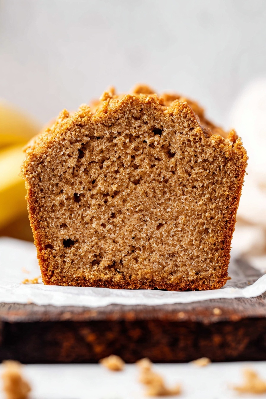Whole Wheat Banana Bread with Cinnamon Crumble, healthy banana bread, healthy banana bread, moist banana bread, cinnamon crumble banana bread - The image shows a close-up of a single thick slice of brown bread with a crumbly texture. The slice stands upright on white parchment paper on a dark wooden board. The top edge of the bread is uneven and looks crunchy with small clumps of crumbs. The inside of the bread shows small holes and a soft, dense texture. Some crumbs are scattered around the base. The background has a soft white color, with a slightly out-of-focus shape that might be a peeled banana. Photo taken with an iphone --ar 2:3 --v 7