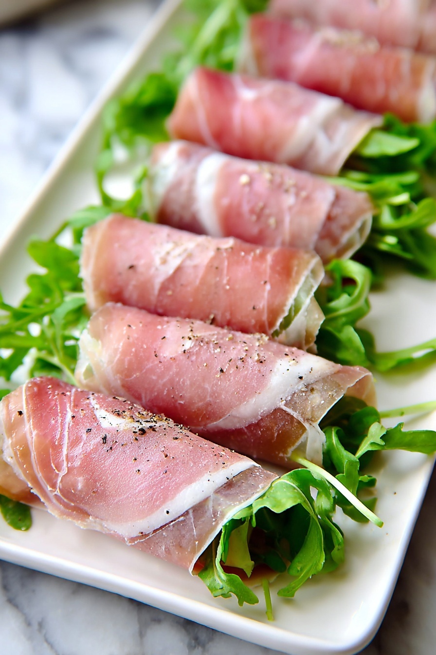 Fig and Prosciutto Roll-Ups, fig and prosciutto appetizer, prosciutto wrapped figs, easy savory appetizers, elegant cheese and fruit bites - The image shows a white plate with seven rolls made from thin pink slices of cured meat, each wrapped around fresh green arugula leaves. The rolls are lined up neatly in two rows on the plate. The meat has a slightly translucent look with light fat veins, and the rolls have a light sprinkle of black pepper on top. The background is a white marbled surface photo taken with an iphone --ar 2:3 --v 7