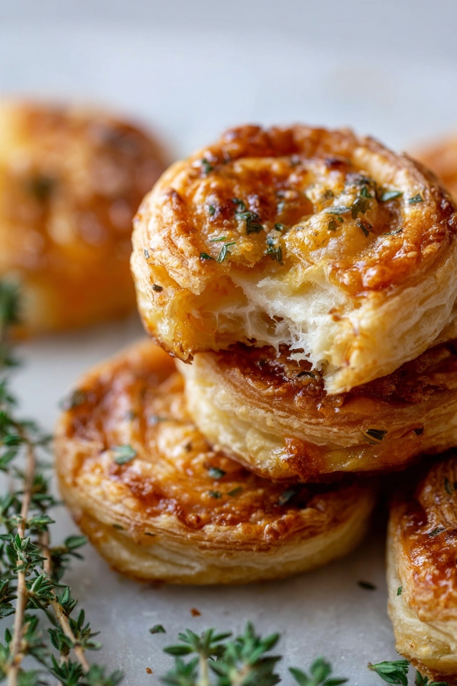 Fig and Goat Cheese Puff Pastry Pinwheels, fig and goat cheese appetizer, easy puff pastry appetizer, elegant fig appetizer, sweet and savory pinwheels - The image shows several golden brown puff pastry swirls stacked close together on a white marbled surface. Each swirl has visible layers of flaky, crispy dough with a shiny, slightly caramelized glaze on top, giving them a glossy look. Some small green herb leaves are sprinkled gently on and around the pastries, adding a touch of color. One swirl in the center has a bite taken out, showing soft, airy inner layers of the pastry. The lighting highlights the texture and golden colors of the pastries beautifully. photo taken with an iphone --ar 2:3 --v 7