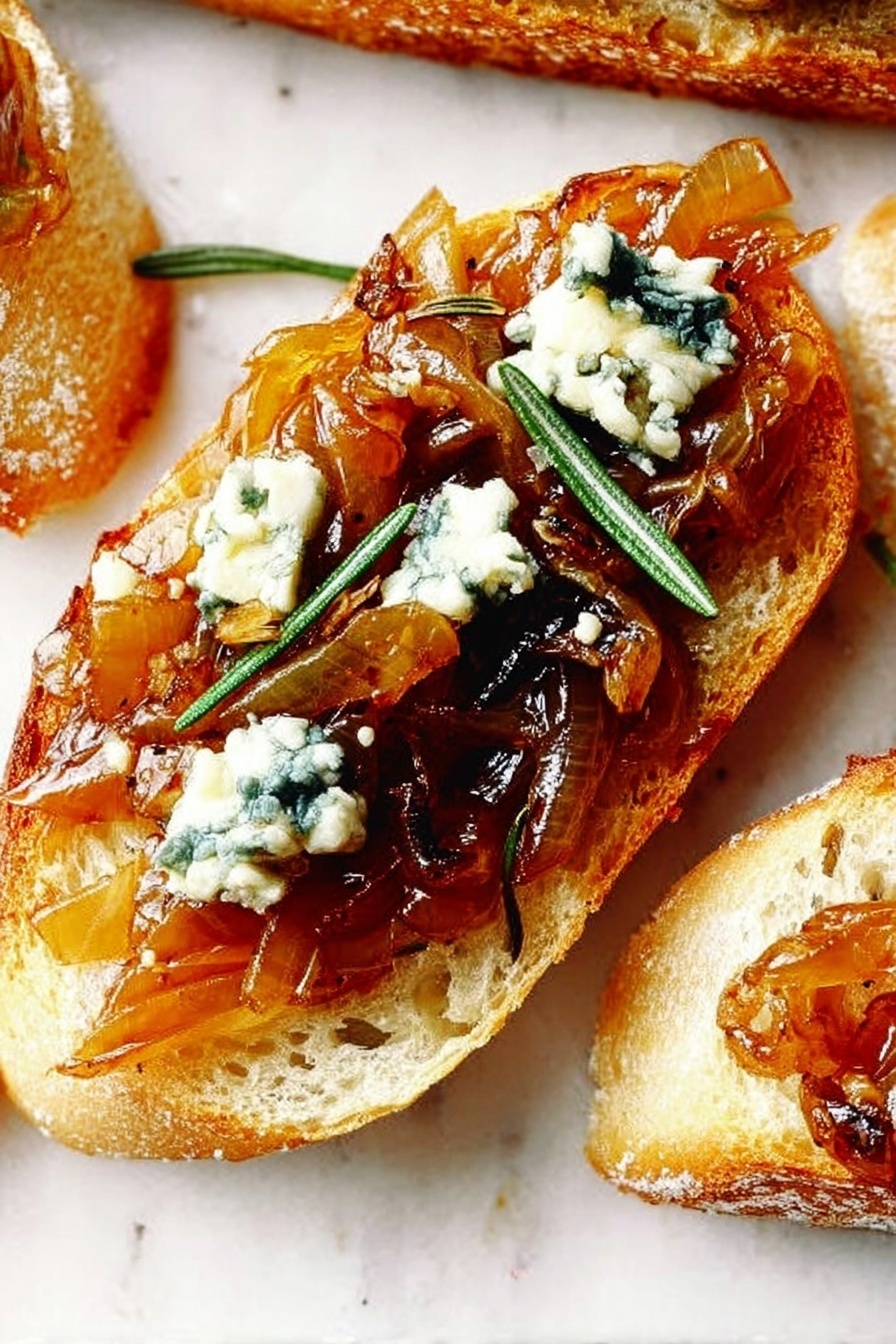 Caramelized Onion and Blue Cheese Crostini, caramelized onion crostini with blue cheese, easy appetizer recipes, sophisticated finger foods, gourmet snack ideas - A close-up view of a single slice of toasted bread resting on a white marbled surface, showing a golden-brown crust with an airy texture inside. The bread slice is topped with caramelized onions that have a shiny, deep amber color and a soft, slightly sticky texture, scattered unevenly across the surface. There are small dollops of creamy blue cheese with a light white base and visible blue veins spread over the onions. Thin sprigs of green herbs, likely rosemary, sit on top, adding a fresh green contrast. The photo taken with an iphone --ar 2:3 --v 7