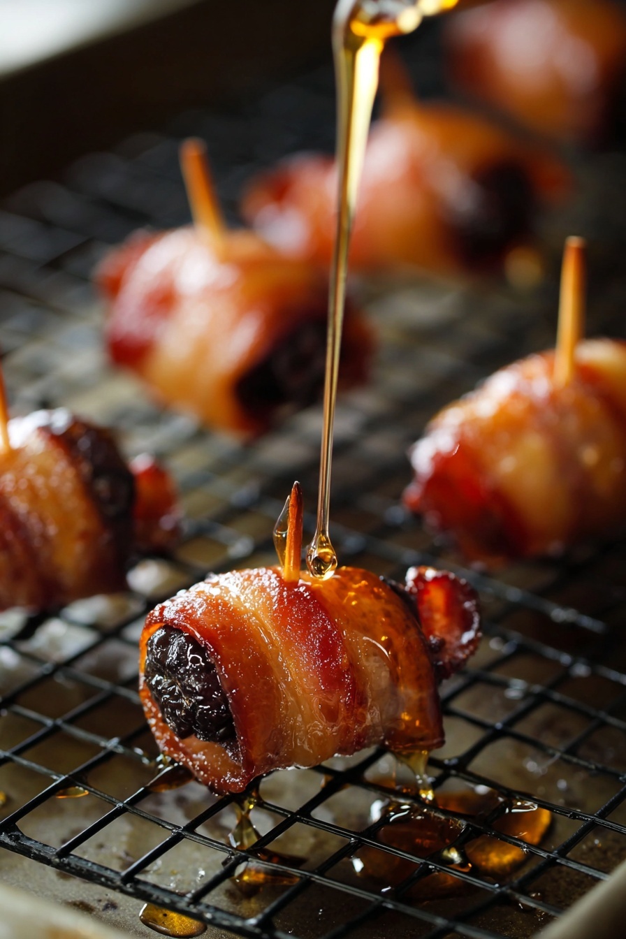 Bacon-Wrapped Dates with Goat Cheese, Bacon-Wrapped Dates appetizer, easy party appetizers, savory date bites, gourmet snack ideas - Small bacon-wrapped pieces are placed on a black wire rack over a baking tray. Each piece has a dark center wrapped tightly with shiny, crispy golden-brown bacon strips, secured with a small brown toothpick in the middle. A thin golden liquid is being poured from above onto the closest piece, creating a glossy shine and some small drops on the tray below. The background is blurred but shows more bacon-wrapped pieces on the rack. photo taken with an iphone --ar 2:3 --v 7