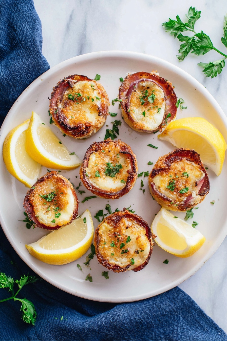 Bacon-Wrapped Scallops with Garlic Butter, bacon-wrapped scallops appetizer, seafood appetizers, easy seafood recipes, elegant seafood dishes - Six round pieces of food are arranged on a white plate, each piece has a light golden brown center wrapped in a crispy ring of darker brown. They are topped with small green parsley pieces sprinkled all over. Around the plate, there are lemon wedges with bright yellow skin and pale yellow inside, and more parsley leaves. The plate sits on a white marbled surface, with a dark blue cloth partially visible in the background. Photo taken with an iphone --ar 2:3 --v 7
