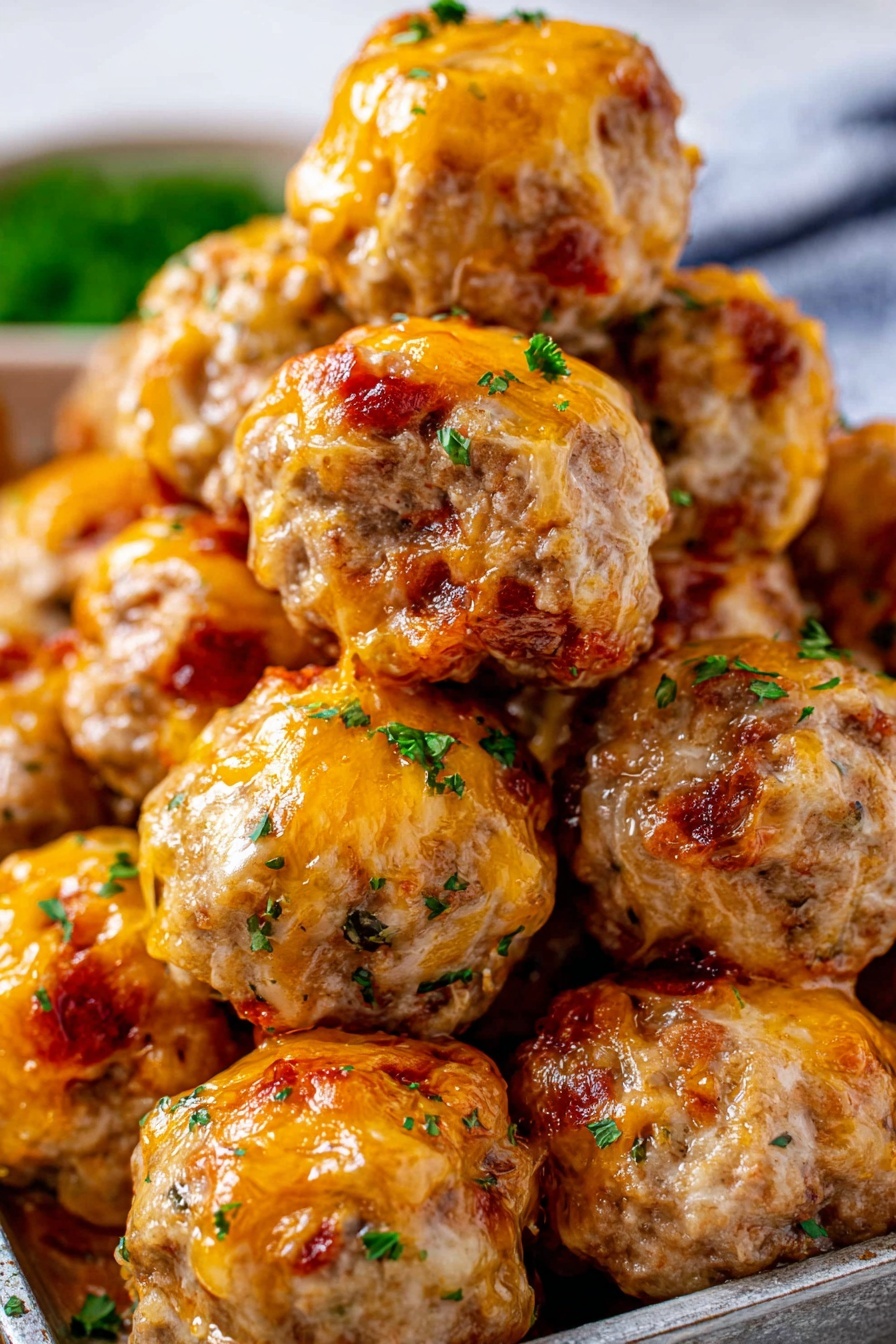 Cream Cheese Sausage Balls, sausage cheese bites, savory appetizer ideas, cheesy sausage snacks, easy party appetizers - A close-up view of a stack of round, baked meatballs covered with melted orange cheese and small green herb bits on top. The meatballs have a light brown, slightly crispy texture with some spots of red sauce peeking through the cheese. They are piled high in a metal tray, with some meatballs resting on others. The background shows a white marbled surface, keeping the focus on the warm, cheesy meatballs. The lighting highlights the gooey cheese and fresh herbs, giving the image a fresh and tasty look. photo taken with an iphone --ar 2:3 --v 7