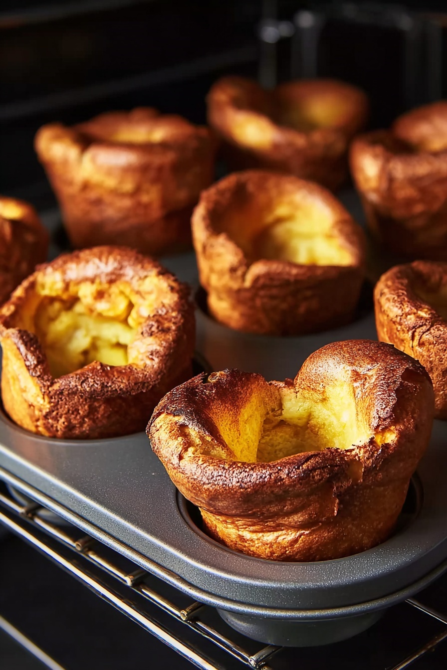 Classic Yorkshire Pudding, Yorkshire Pudding recipe, perfect Yorkshire pudding, homemade Yorkshire pudding, how to make Yorkshire pudding - The image shows seven golden brown Yorkshire puddings puffed up inside a grey metal muffin tray. Each pudding has a tall, uneven, and crispy outer layer with a hollow center, revealing a softer yellow inside. The muffins are placed inside a dark oven, giving a warm, baked look with crispy textures on top and soft, slightly shiny surfaces inside. The background is filled with the dark oven racks. photo taken with an iphone --ar 2:3 --v 7