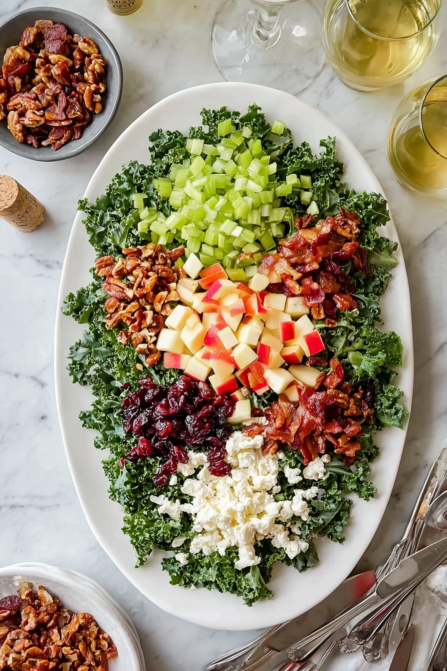Crispy Bacon Apple Cranberry Salad, Fruit and Bacon Salad, Sweet and Savory Salad,Festive Salad with Cranberries, Easy Salad with Candied Pecans - A white oval plate holds a salad with a base of dark green kale leaves spread evenly across the plate. On top, there are six sections of toppings: chopped light green celery at the top right, small crispy brown bacon pieces next to the celery, dark red dried cranberries below the bacon, white crumbled cheese near the bottom left, red and cream-colored chopped apple pieces above the cheese, and light brown candied nuts at the top left. The ingredients are all arranged neatly in small piles on the kale. The plate rests on a white marbled surface with a small gray bowl of candied nuts nearby, two clear green glasses with light yellow liquid, and a bottle with a cork on the side. Three silver forks and two knives lie at the bottom right. photo taken with an iphone --ar 2:3 --v 7