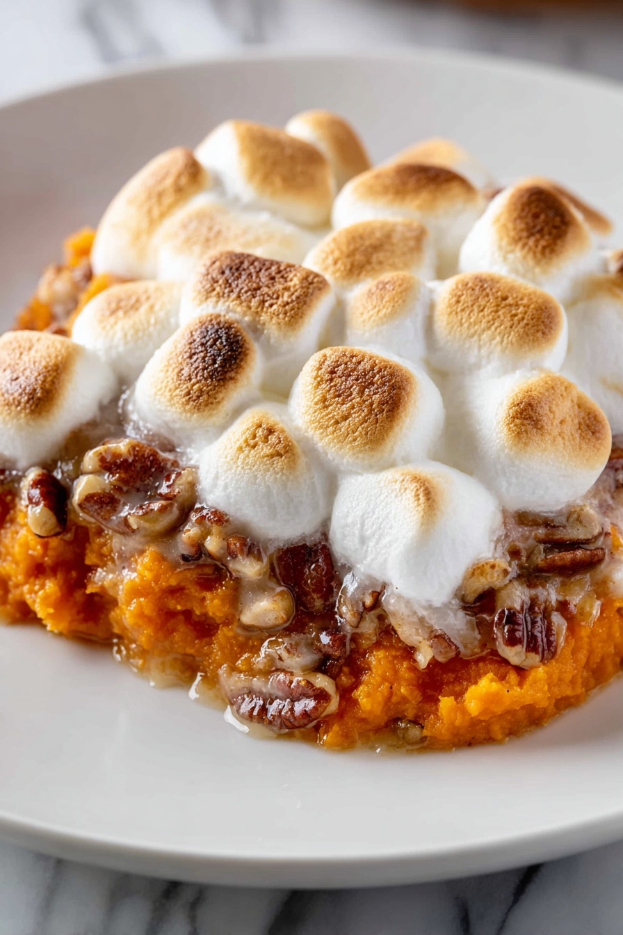 Sweet Potato Casserole with Marshmallows, holiday sweet potato casserole, creamy sweet potato side dish, marshmallow-topped casserole, festive Thanksgiving side - A close-up view of a white plate with a single serving of sweet potato casserole. The bottom layer is mashed sweet potato, bright orange and soft in texture. On top of the sweet potato is a layer of chopped pecans mixed in, adding a nutty brown texture. The top layer is a thick, even spread of toasted marshmallows, browned with slight crispness and some soft, white melty parts showing. The dish looks warm and creamy, with the melted marshmallow slightly blending into the sweet potato below. The plate rests on a white marbled surface. photo taken with an iphone --ar 2:3 --v 7