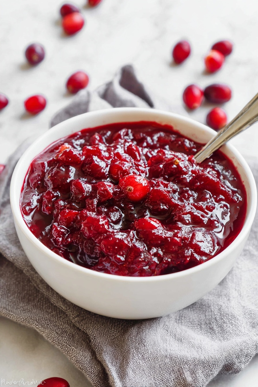 Easy Homemade Cranberry Sauce, homemade cranberry sauce, simple cranberry sauce recipe, holiday cranberry sauce, fresh cranberry sauce - A white bowl filled with thick, chunky, deep red cranberry sauce showing whole and partially crushed cranberries, with a shiny, slightly wet texture. The bowl sits on a light gray cloth with a few loose cranberries scattered around it on a white marbled surface. A silver spoon rests inside the bowl, partially dipped into the cranberry sauce. The scene is close up, highlighting the rich red color and texture contrast between the cranberries and the smooth white bowl photo taken with an iphone --ar 2:3 --v 7