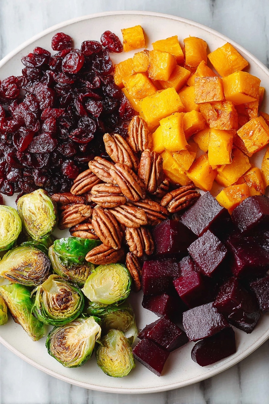 Winter Vegetable Salad with Roasted Butternut Squash, healthy winter salad recipes, roasted vegetable salad, seasonal winter salads, easy winter vegetable dishes - A white round plate is arranged with four different sections of food. At the top left are shiny, dark red dried cranberries. Next to them, on the top right, are roasted golden-orange butternut squash cubes with a slight shine and some browned edges. Below the squash, on the bottom right, are deep purple roasted beet cubes with a matte finish. At the bottom left are halved Brussels sprouts with a vibrant green color and charred brown edges. At the top center between the cranberries and squash lies a pile of glossy brown pecan nuts. All the items are placed close but separated neatly on a white marbled surface background. Photo taken with an iphone --ar 2:3 --v 7