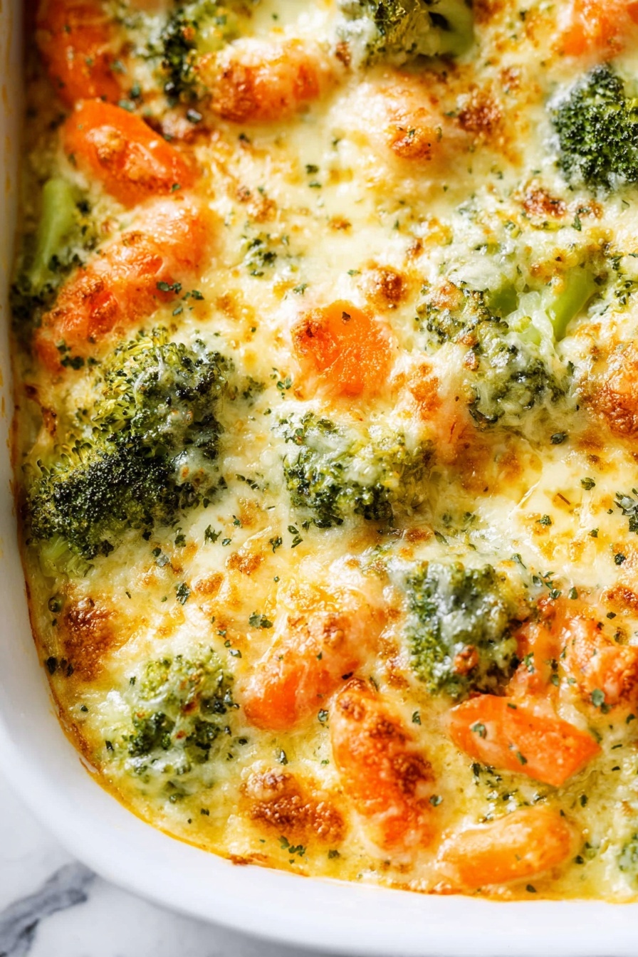 Creamy Vegetable Casserole with Cheese, vegetable casserole recipes, cheesy vegetable bake, healthy vegetable casserole, easy cheesy veggie dish - The image shows a close-up of a creamy vegetable casserole in a white baking dish with three visible layers. The bottom layer has lightly browned melted cheese mixed in with green broccoli pieces and orange baby carrots. The middle layer is thick, white, and creamy, with soft melted cheese and sauce covering the vegetables. The top layer consists of more broccoli and carrots, sprinkled with a little black pepper and browned, melted cheese that looks slightly crispy on the edges. A spoon is scooping a portion out, revealing the layers clearly, and the dish sits on a white marbled surface. photo taken with an iphone --ar 2:3 --v 7