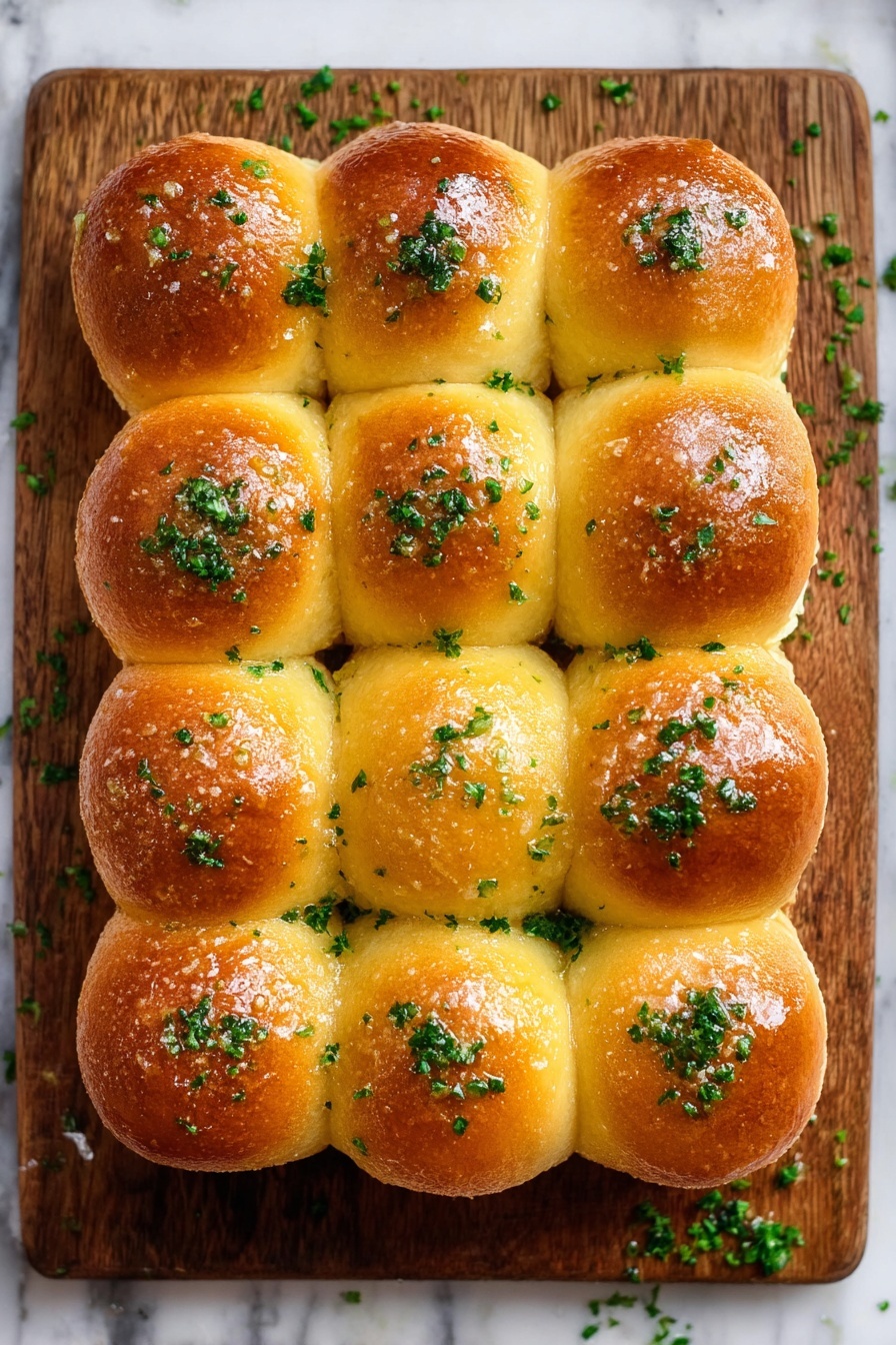 Garlic Butter Dinner Rolls, fluffy dinner rolls, homemade dinner rolls, soft garlic rolls, buttery garlic bread rolls - A group of 12 soft, golden brown dinner rolls arranged in a 4 by 3 grid on a wooden board. Each roll has a shiny top coated with a light layer of melted butter and is sprinkled with finely chopped green herbs, likely parsley, giving a fresh green contrast to the warm golden color. The rolls touch each other closely, showing their soft texture and round shapes. Small bits of herbs are also scattered on the wooden board around the rolls, adding a rustic touch. The wooden board sits on a white marbled surface. photo taken with an iphone --ar 2:3 --v 7