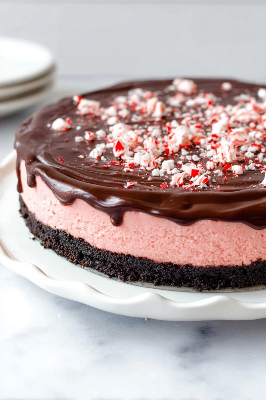 Peppermint Cheesecake with Chocolate Ganache, peppermint cheesecake, holiday cheesecake, festive dessert recipes, easy cheesecakes - The image shows a round dessert with three clear layers placed on a white marbled surface. The bottom layer is dark brown, almost black, with a crumbly texture, likely a cookie or chocolate crust. Above this is a thick, soft, and airy pink layer that looks creamy. The top layer is a smooth, glossy dark chocolate coating with slight swirls and some melted edges dripping over the pink layer. This chocolate layer is sprinkled with pieces of crushed red and white peppermint candy, adding texture and color contrast to the dark surface. The dessert sits on a white plate with a scalloped edge. photo taken with an iphone --ar 2:3 --v 7