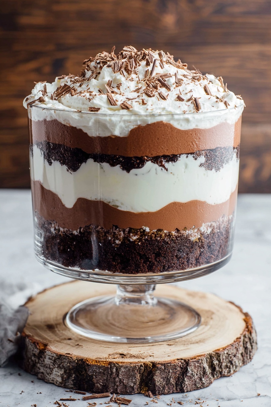 Chocolate Brownie Trifle, chocolate dessert, layered brownie trifle, easy chocolate dessert, no-bake chocolate trifle - A tall clear glass bowl shows a layered dessert with seven visible layers from bottom to top: dark chocolate cake crumbs, white creamy layer, smooth milk chocolate layer, another layer of dark chocolate cake crumbs, white creamy layer, light brown chocolate mousse layer, and a top thick white whipped cream layer sprinkled with fine dark chocolate shavings. The bowl sits on a round piece of wood with bark on the edges, all placed on a white marbled surface. Photo taken with an iphone --ar 2:3 --v 7