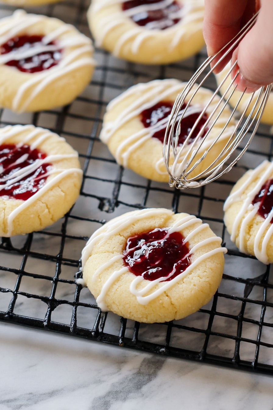 Raspberry Thumbprint Cookies, raspberry thumbprint cookie recipe, easy thumbprint cookies, raspberry jam cookies, buttery thumbprint cookies - The image shows round cookies with a thumbprint center filled with dark red jam, placed on a black cooling rack over a white marbled surface. Each cookie has a pale yellow dough base with a smooth texture. White icing is being drizzled in thin stripes over the cookies by a metal whisk held by a woman's hand from the right side of the image. The jam in the cookie centers has a glossy surface, creating a shiny contrast with the soft, matte cookie dough. Photo taken with an iphone --ar 2:3 --v 7