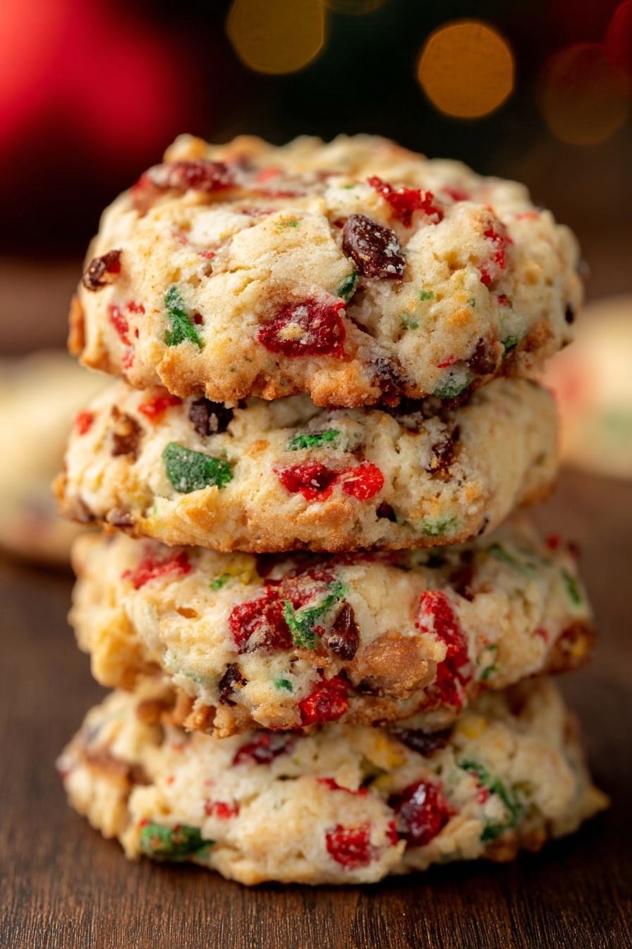 Fruitcake Cookies with Nuts and Dried Fruit, fruitcake cookie recipe, holiday fruitcake cookies, nut and dried fruit cookies, festive cookie recipe - A stack of four round cookies is shown, each cookie thick and textured with a golden-brown base mixed with white dough. The cookies have colorful bits of red, green, and brown scattered throughout, giving a festive look. The surface of the cookies shows rough, slightly cracked edges with the red pieces appearing shiny and slightly soft, while the green and brown parts add contrast and texture. The stack is placed on a dark wooden surface with a softly blurred background in warm tones. Photo taken with an iphone --ar 2:3 --v 7