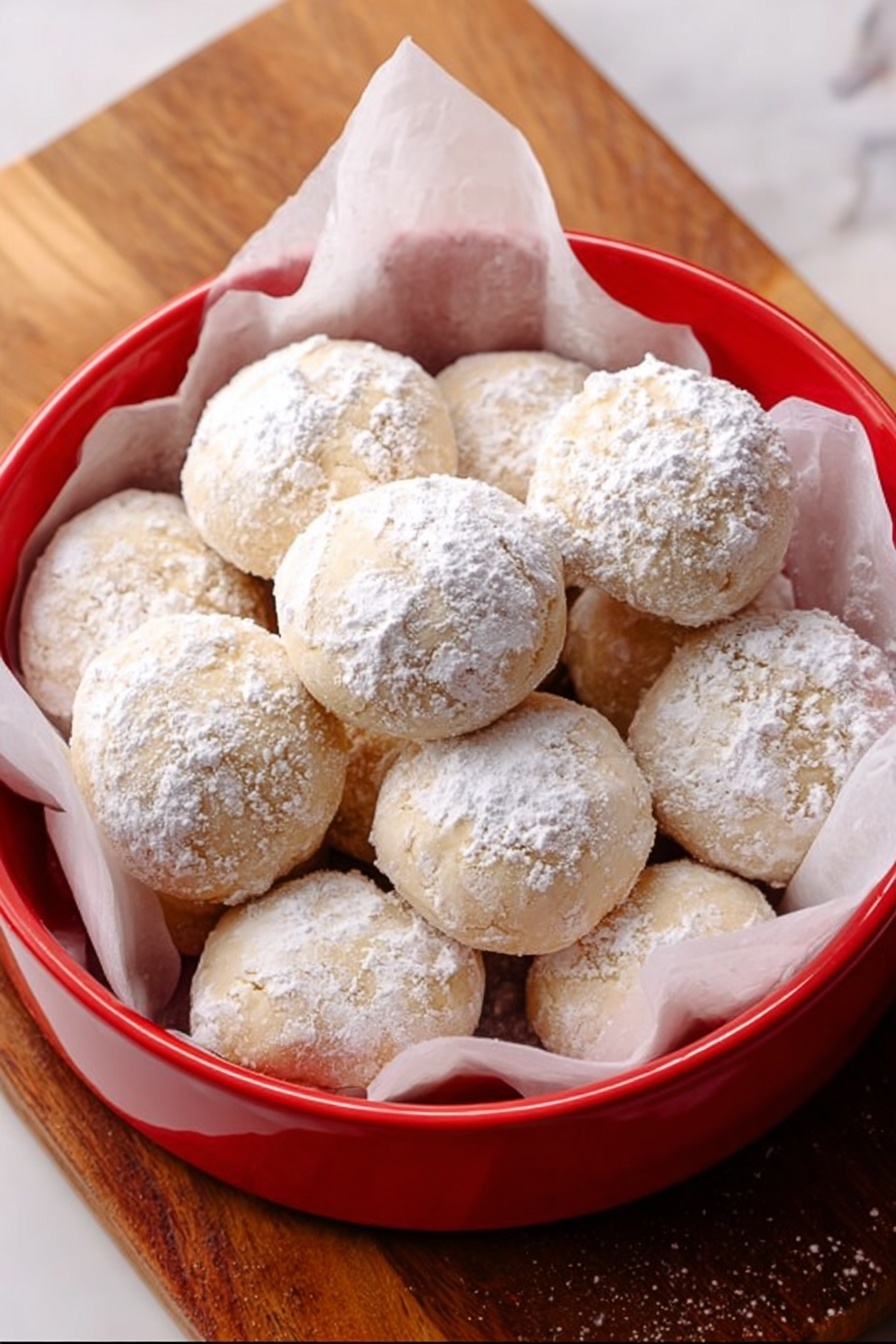 Snowball Cookies, Snowball Cookies Recipe, buttery nutty cookies, holiday cookie ideas, festive dessert recipes - A round red bowl lined with white parchment paper holds about a dozen small round cookies. Each cookie is pale beige in color with a soft texture, lightly dusted with powdered sugar that creates a white, powdery layer on top, giving them a snowy look. The cookies are layered slightly unevenly, some resting on top of others. The bowl is set on a wooden cutting board, with a white marbled surface visible at the edges. photo taken with an iphone --ar 2:3 --v 7