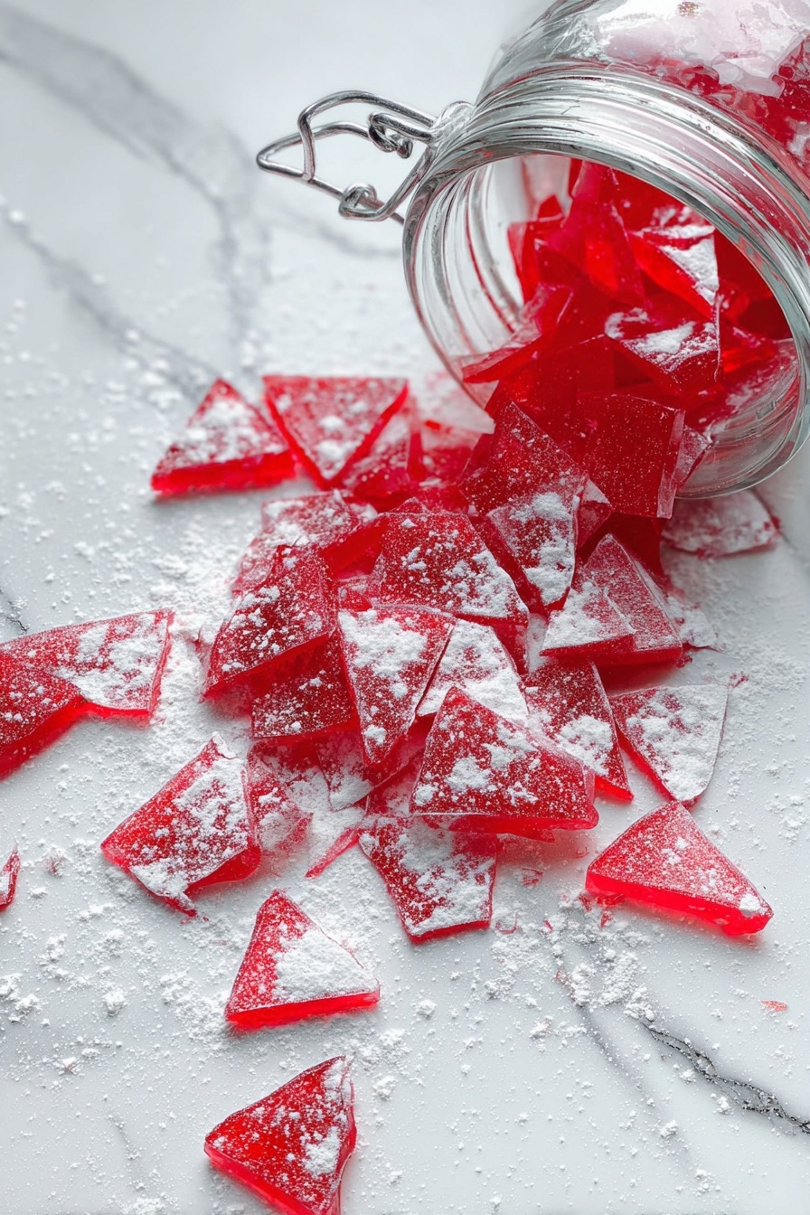 Cinnamon Rock Candy, cinnamon candy recipe, homemade rock candy, spicy crystal candy, easy rock candy tutorial - The image shows many pieces of red candy broken into different shapes and sizes scattered on a white marbled surface. The candy pieces are translucent with a shiny texture and are dusted with white powder. The pieces vary in thickness and have sharp edges, forming triangles and irregular polygons. The white marbled background has subtle veins and adds contrast to the bright red candy shards. photo taken with an iphone --ar 2:3 --v 7