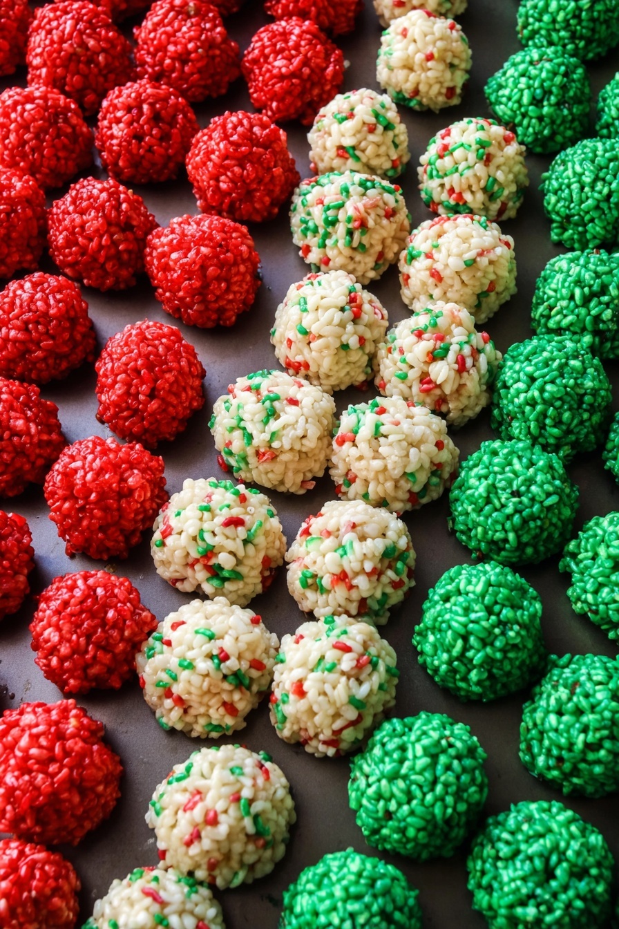 Christmas Rice Krispie Treat Bites, festive holiday treats, no-bake Christmas desserts, colorful holiday snacks, quick Christmas treats - The image shows many small round rice treats in three colors: red, white, and green. They are arranged in three groups on a tray with a dark surface. Each treat looks shiny and has small sprinkles inside with tiny bits of red, green, and white colors mixed in. The shapes of the treats are almost perfect spheres and they fill the tray closely but not stacked. The red treats are on the left side, the white treats are in the middle, and the green treats are on the right side. Photo taken with an iphone --ar 2:3 --v 7
