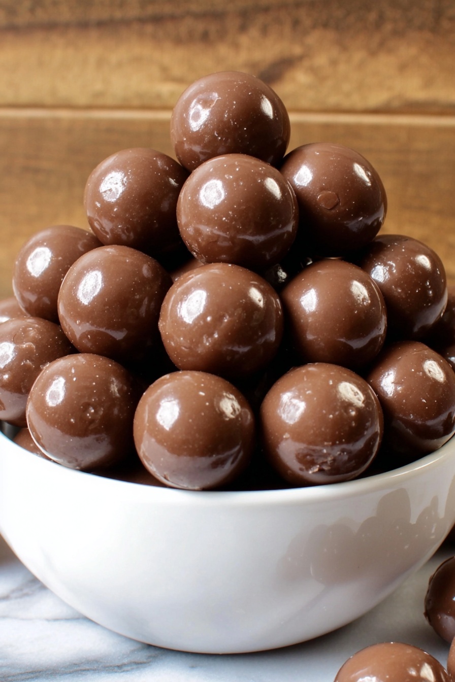 Homemade Malted Milk Balls, Malted Milk Balls, How to Make Malted Milk Balls, Malted Candy Recipe, DIY Malted Milk Treats - A white bowl filled with a pile of shiny, smooth milk chocolate balls, stacked in several layers with some balls resting on top and others tightly packed around the sides, all showing reflections of light on their glossy surfaces. The bowl sits on a white marbled surface with a blurry wooden background. Photo taken with an iphone --ar 2:3 --v 7