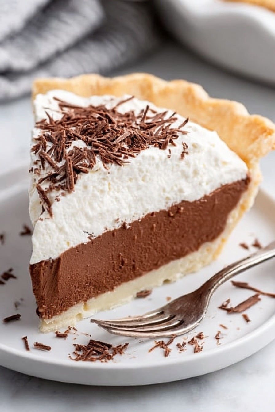 French Silk Chocolate Pie, decadent chocolate pie, easy chocolate dessert, silky chocolate pie, homemade chocolate pie - A slice of chocolate pie with three layers is shown on a white plate. The bottom layer is a light, flaky crust in a pale beige color. Above that is a thick, smooth middle layer of rich brown chocolate filling. The top layer is a fluffy, white whipped cream spread evenly, sprinkled with small, thin chocolate shavings. Some chocolate shavings also lie on the plate around the slice. A silver fork rests beside the pie on the plate, all set on a white marbled surface. Photo taken with an iphone --ar 2:3 --v 7