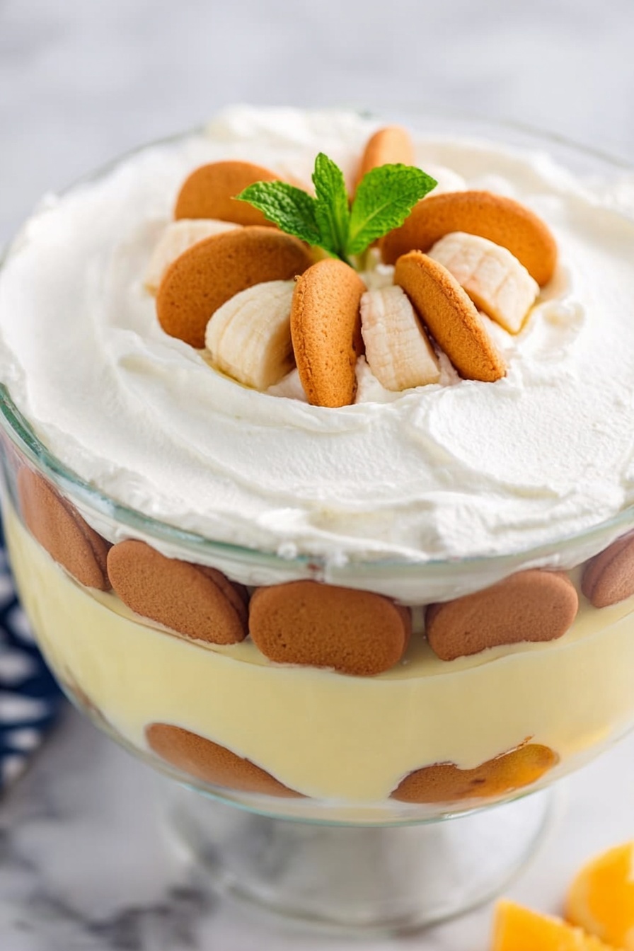 Easy Banana Pudding, banana pudding dessert, creamy banana pudding, no-bake banana pudding, homemade banana pudding - This image shows a dessert in a clear glass bowl with multiple layers. The bottom layer in the bowl is creamy pale yellow pudding or custard. Above it, there is a layer of brown round cookies or biscuits placed vertically and closely together around the edge. Another layer of the same pale yellow pudding is on top of the cookies. The top layer is white whipped cream spread smoothly to cover the whole surface. On the center of the whipped cream, there are three orange cookies and three slices of banana arranged in a small pile with a small green mint leaf on top. The bowl is placed on a white marbled surface. Photo taken with an iphone --ar 2:3 --v 7