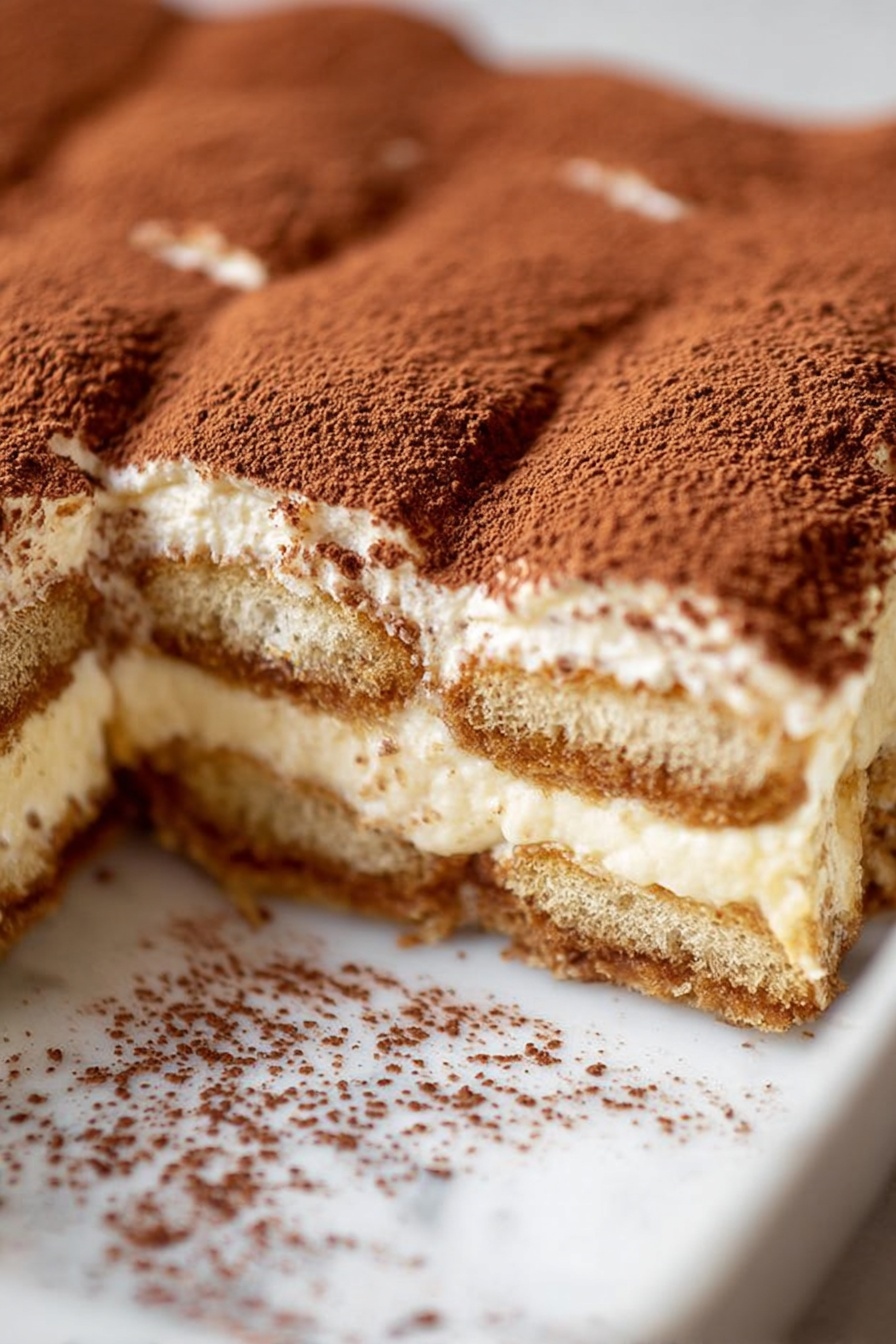 Easy Classic Tiramisu, Tiramisu dessert, homemade tiramisu, Italian tiramisu, no-bake tiramisu - The image shows a close-up of a piece of tiramisu on a white plate with a white marbled surface underneath. The tiramisu has three visible layers: a bottom layer of light brown soaked ladyfingers, a middle layer of creamy off-white mascarpone filling, and a top layer of cocoa powder dusted evenly in rich brown color. The texture of the ladyfingers is soft and sponge-like, while the mascarpone layer looks smooth and creamy. The top cocoa powder has a fine, powdery texture with slight indentations on the surface. Some cocoa powder is also scattered on the plate around the tiramisu, and the overall focus captures the dessert's soft and moist texture. Photo taken with an iphone --ar 2:3 --v 7