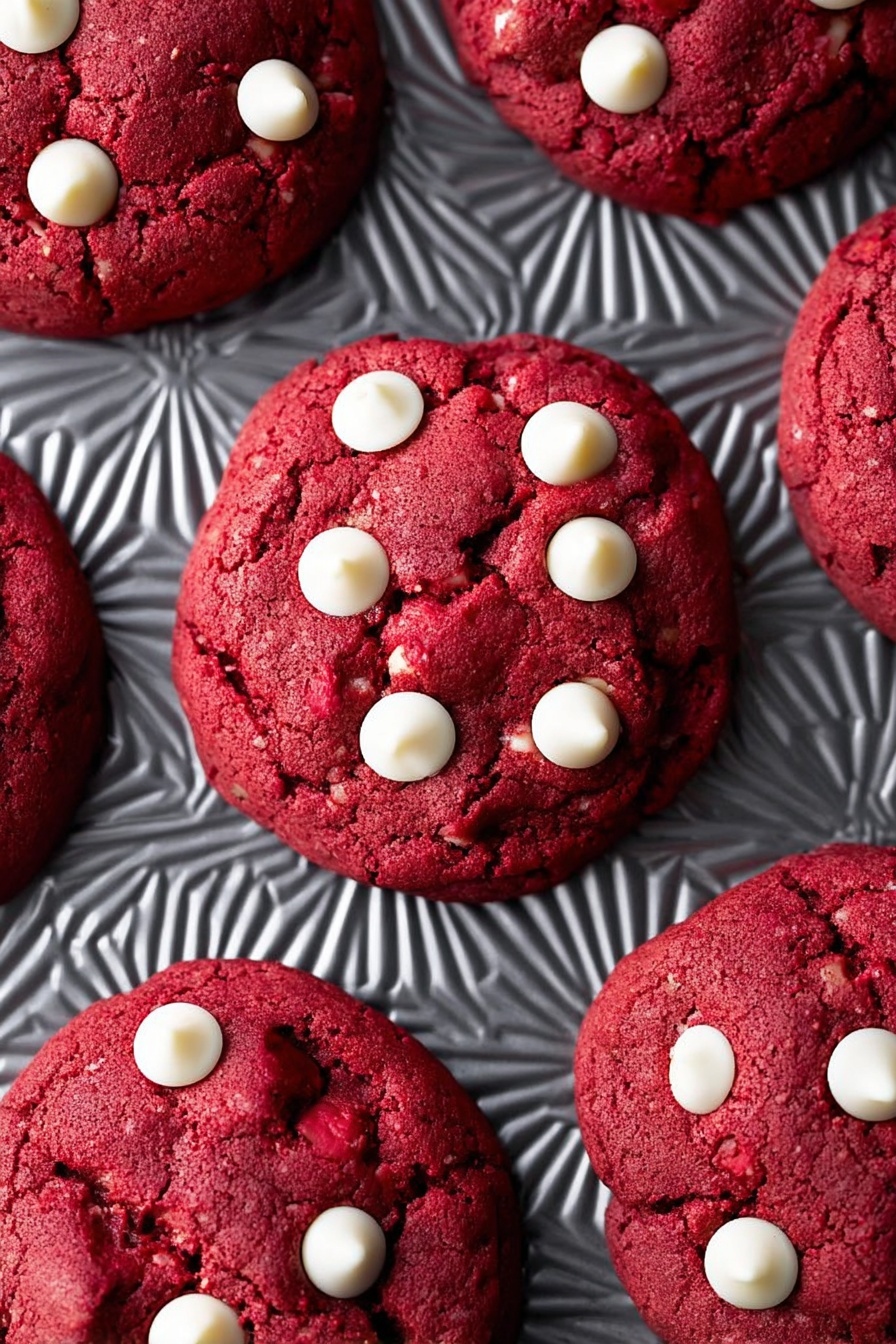 Cheesecake Stuffed Red Velvet Cookies, red velvet cheesecake cookies, cheesecake filled red velvet cookies, best red velvet cookies with cheesecake, easy cheesecake stuffed cookies - The image shows five thick red cookies with a soft texture, each dotted with several smooth white chocolate chips that stand out clearly against the rich red surface. The cookies are arranged on a metallic tray with a geometric, sunburst pattern, adding contrast with its shiny gray color and textured details. The red color of the cookies is deep and even, with slight cracks that give a sense of softness inside. The light reflects subtly on the white chocolate chips and the textured tray beneath. photo taken with an iphone --ar 2:3 --v 7