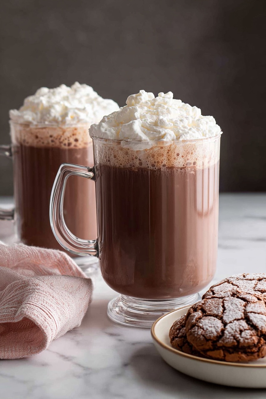 Creamy Homemade Hot Chocolate, best hot chocolate, homemade hot chocolate recipe, rich hot cocoa, comfort drink recipes - The image shows a clear glass mug filled with dark brown hot chocolate as the bottom layer, topped with a thick, fluffy layer of white whipped cream that is swirled and slightly peaked in the center, filling the mug to the top. The mug rests on a white marbled surface beside a brownish checkered cloth on the left and a white plate with dark brown cookies with cracked tops slightly visible on the lower right. Photo taken with an iphone --ar 2:3 --v 7