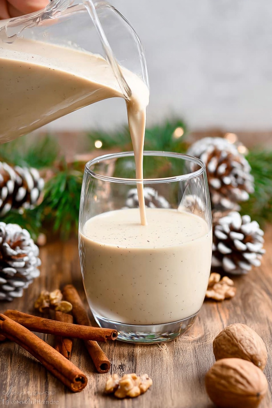 Puerto Rican Coconut Eggnog, Coquito, Coconut Eggnog Recipe, Holiday Eggnog Drink, Festive Puerto Rican Drink - A clear glass is shown being filled with a creamy beige liquid from a transparent pitcher held by a woman's hand at the top left corner. The liquid has a smooth texture with tiny dark specks. The glass is placed on a wooden surface scattered with three cinnamon sticks lying diagonally and several whole nuts, including walnuts and nutmeg. In the background, there are three pinecones with white tips along with green pine branches, creating a cozy and festive atmosphere. The whole scene is set on a white marbled texture. photo taken with an iphone --ar 2:3 --v 7