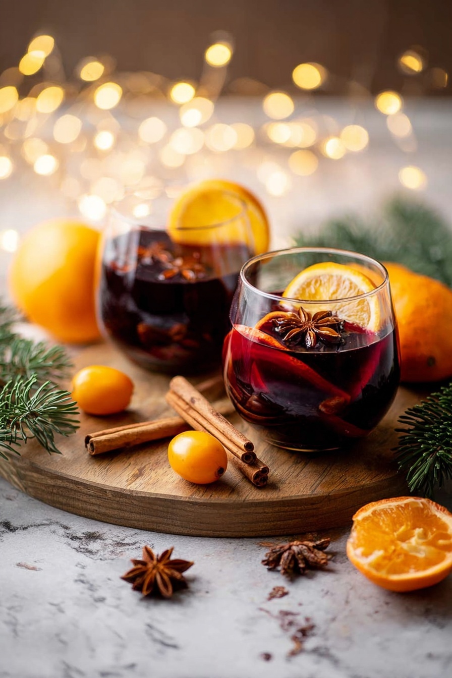German Mulled Wine Gluhwein, how to make mulled wine, cozy winter drinks, festive holiday drinks, warm spiced wine - Two round glasses filled with dark red mulled wine sit on a wooden board, each glass holding a large orange slice, a cinnamon stick, and a star anise floating on top. Around the glasses are small bright orange kumquats, some whole and one sliced open, as well as a halved orange showing its juicy texture. Cinnamon sticks and star anise are scattered near the glasses, with some pine branches adding a natural touch. The scene is set against a soft glowing background with yellow fairy lights and a white marbled surface below, creating a warm and cozy feeling. Photo taken with an iphone --ar 2:3 --v 7