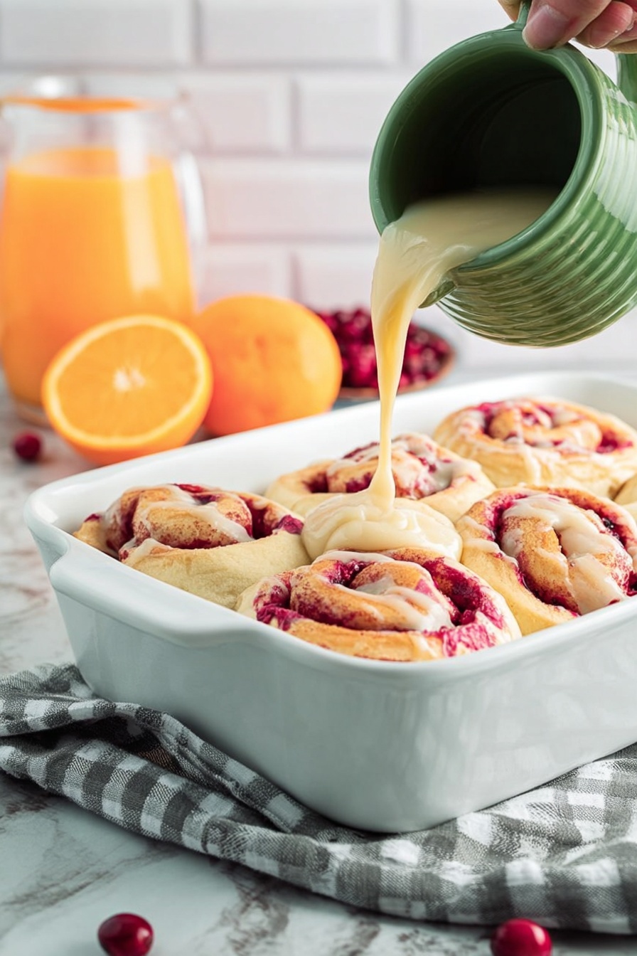 Cranberry Orange Sweet Rolls, cranberry orange breakfast ideas, citrus cranberry breakfast treats, holiday sweet roll recipes, easy sweet roll recipes - The image shows a white rectangular baking dish holding six cinnamon rolls covered with a thick white icing that has some visible red berry pieces mixed in. The rolls have a light golden color underneath the icing, with swirls of red berries inside the dough. In the background, there is a small white bowl filled with dark red cranberries and slices of bright orange orange fruit. The dish is placed on a white marbled surface with a gray and white checkered cloth partially visible under the dish. Photo taken with an iphone --ar 2:3 --v 7