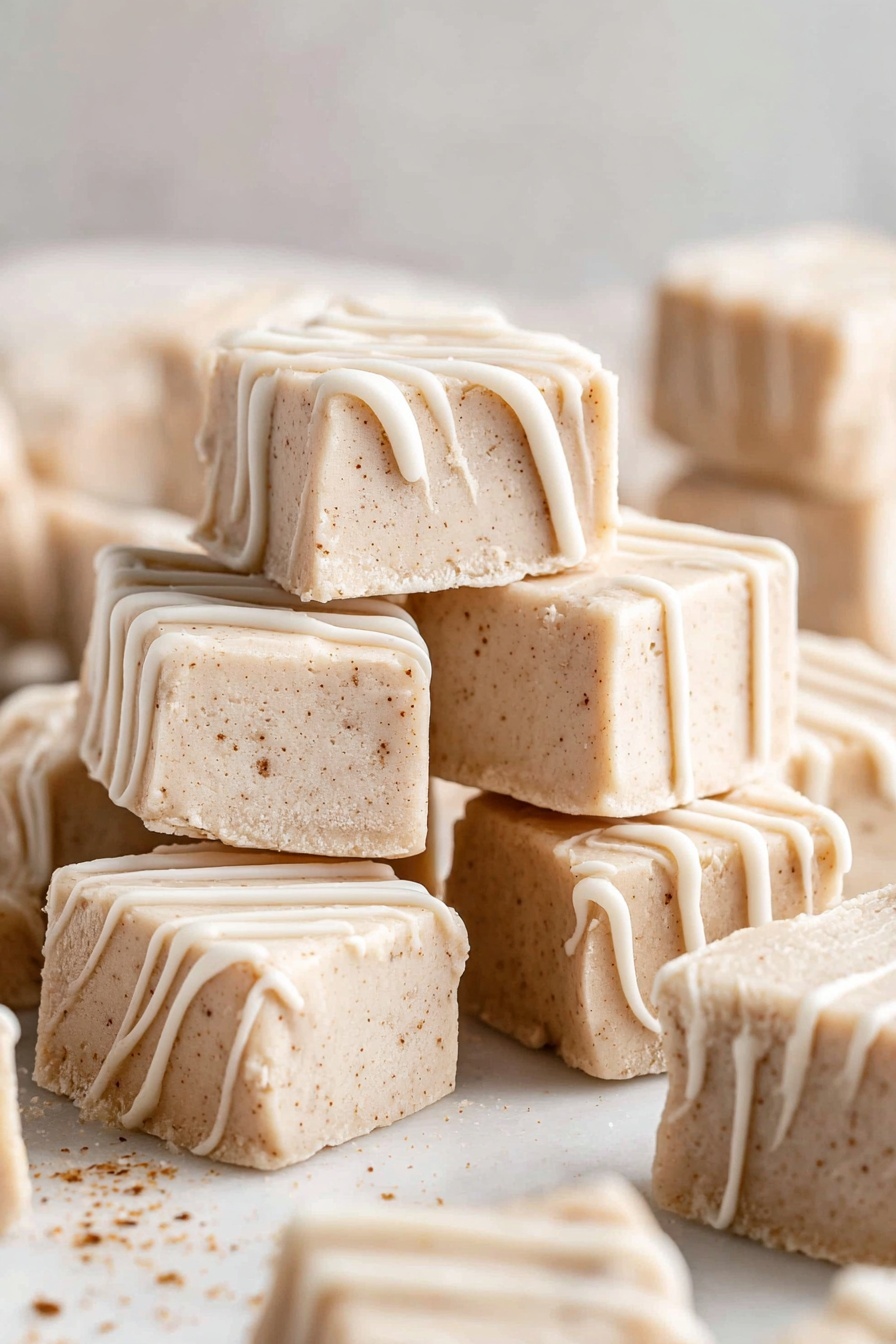 Cinnamon Roll Fudge, cinnamon roll fudge recipe, easy cinnamon fudge, creamy cinnamon fudge, holiday fudge ideas - The image shows many pieces of light beige fudge with a smooth, slightly speckled texture, stacked and spread out on a white marbled surface. Each piece is square or round and has creamy white icing drizzled in zigzag patterns on top, with some icing dripping down the sides. The fudge looks soft and dense, with small brown specks that add detail to the color. The soft background is blurred and neutral, keeping the focus on the fudge pieces. Photo taken with an iphone --ar 2:3 --v 7