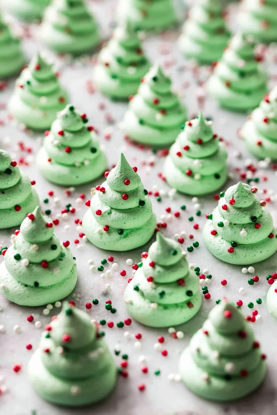 Green Christmas Meringue Cookies, festive holiday cookies, easy meringue recipes, Christmas cookies for gifting, colorful holiday treats - The image shows many small, green meringue cookies shaped like tiny Christmas trees arranged in neat rows on a white marbled surface. Each meringue has three swirling layers that get smaller as they go up, giving a pointed top. The green meringues are decorated with round red, white, and green sprinkles scattered evenly on each layer and on the surface around them. The overall look is festive and bright with a soft texture and shiny finish. photo taken with an iphone --ar 2:3 --v 7