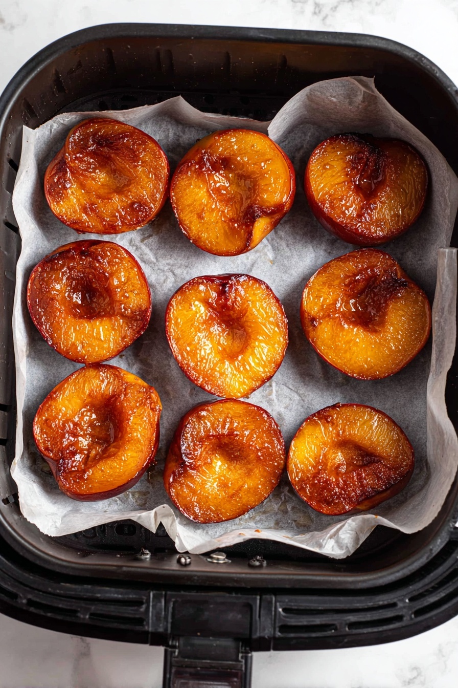 Air Fryer Peaches with Cinnamon Sugar, easy air fryer peach dessert, caramelized peaches with cinnamon, quick peach dessert recipes, healthy fruit desserts - The image shows eight halved peaches placed inside a black air fryer basket lined with white parchment paper. Each peach half has a rich reddish-orange color with a shiny, caramelized texture, showing a light glaze over the surface. The peaches are arranged in two uneven rows, filling most of the basket's flat base. The background visible outside the air fryer is a white marbled texture. photo taken with an iphone --ar 2:3 --v 7