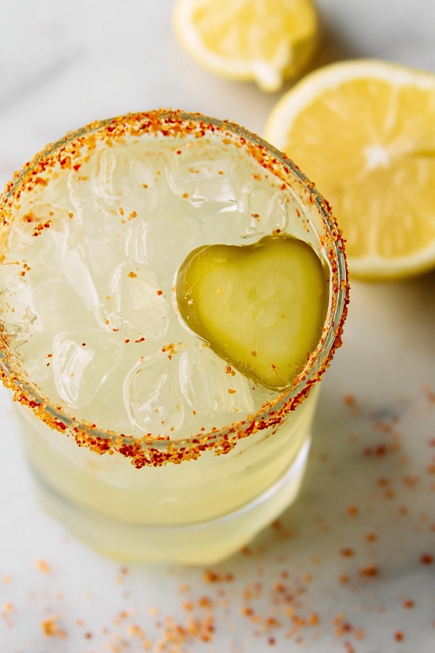 Dill Pickle Margarita, Dill Pickle Margarita recipe, unique cocktail ideas, tangy margarita, pickled flavor drinks - A clear, ribbed glass filled with a pale yellow drink, showing condensation on the outside. The glass is topped with large, clear ice cubes and garnished with a thick green lime wedge on the rim. The rim of the glass is coated with bright red chili powder, creating a colorful contrast against the light drink and white marbled surface it sits on. Blurred lemon wedges are faintly visible in the background, adding a fresh, summery feel to the image. photo taken with an iphone --ar 2:3 --v 7