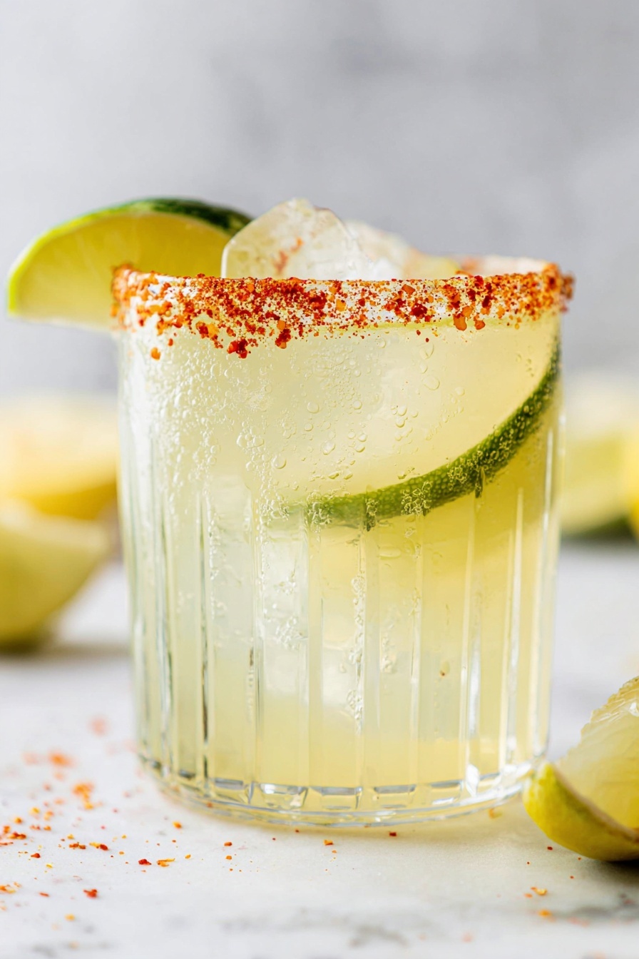 Dill Pickle Margarita, Dill Pickle Margarita recipe, unique cocktail ideas, tangy margarita, pickled flavor drinks - The image shows a close-up of a clear glass filled with ice cubes and a pale yellow drink. The rim of the glass is coated with coarse reddish-orange seasoning. Inside the drink, there is a thin pickle slice shaped like a heart, floating near the top. In the background, there are two lemon halves placed on a white marbled surface. The photo was taken with an iphone --ar 2:3 --v 7