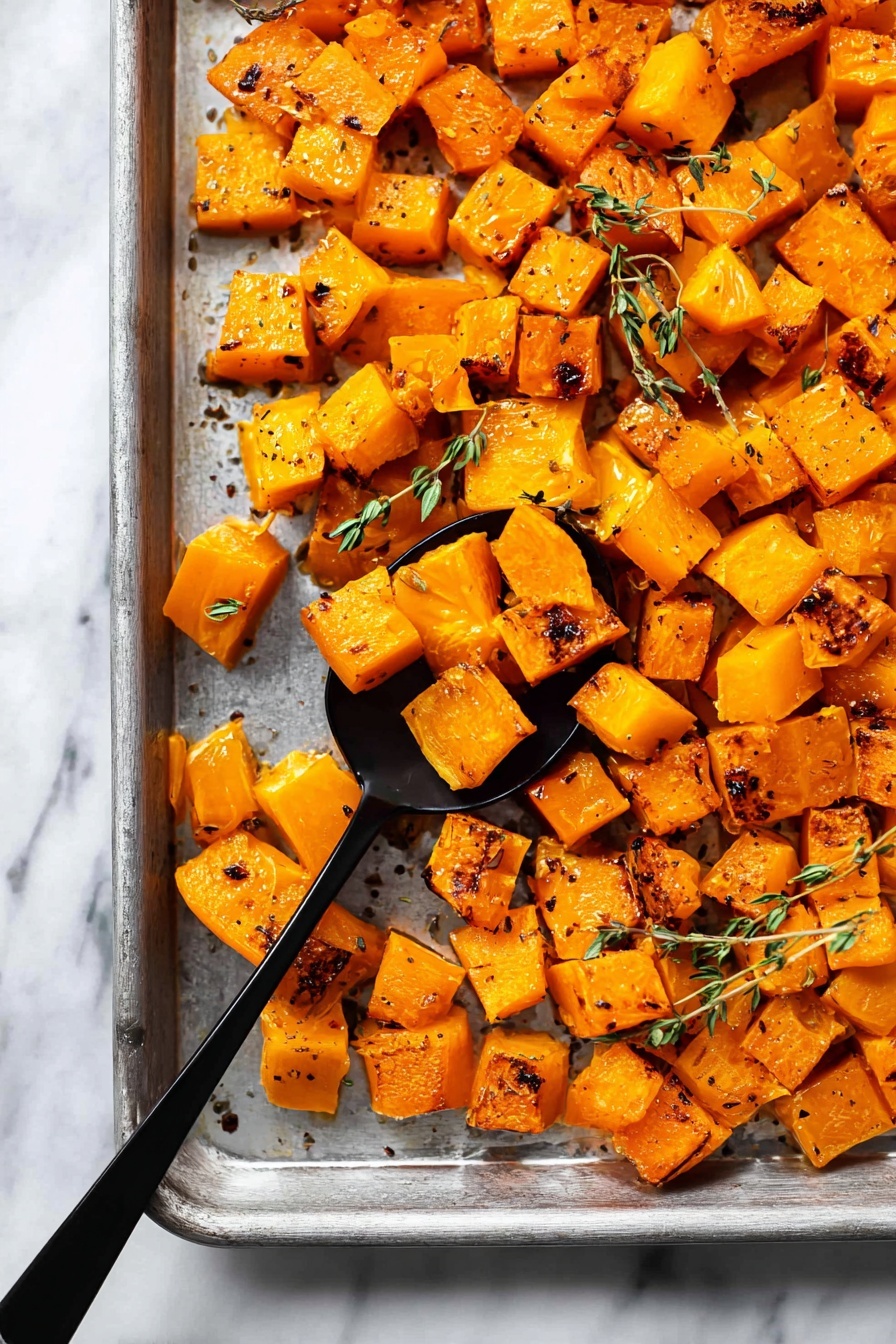 Roasted Butternut Squash with Herbs, roasted squash recipes, healthy vegetable side dish, easy fall side dish, flavorful roasted squash - This image shows a baking tray filled with roasted orange cubes of butternut squash, evenly spread out in one layer. The squash pieces have a mix of smooth and slightly charred edges with light browning, and tiny dark seasoning bits are scattered on top. There are small green thyme sprigs placed randomly among the squash. A black spoon is scooping a portion of the roasted squash from the tray, creating a slight gap showing the metallic tray surface beneath. The tray is set on a white marbled surface. photo taken with an iphone --ar 2:3 --v 7