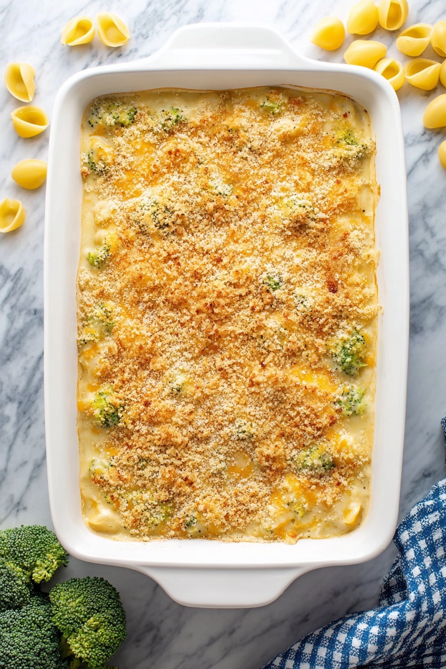 Baked Broccoli Mac and Cheese, cheesy broccoli pasta bake, healthy baked mac and cheese, broccoli pasta casserole, easy cheesy veggie pasta - A white rectangular baking dish filled with a baked casserole that has three visible layers: the bottom layer is a smooth pale yellow base, the middle layer contains green broccoli pieces mixed into a creamy sauce, and the top layer is golden brown melted cheese covered with a crunchy light brown breadcrumb topping. The casserole edges show some bubbling and slight browning. Around the dish on a white marbled surface are yellow pasta shells and broccoli florets, with a blue and white checkered cloth on the right side. Photo taken with an iphone --ar 2:3 --v 7