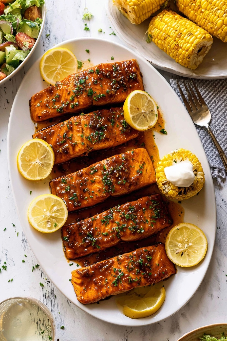 Grilled Salmon with Honey Soy Marinade, honey soy salmon, grilled fish recipe, easy salmon marinade, healthy seafood dishes - The image shows a white oval plate with four grilled salmon fillets arranged in a single vertical line, each piece covered in a shiny brown glaze and sprinkled with green herbs. Around the salmon are seven lemon wedges, strategically placed to frame the fish with their bright yellow color. On the right side of the plate, there is a small corn cob with grill marks and a dollop of white sauce on top. The background features a white marbled surface with a barely visible fork at the top and parts of a salad bowl and a dish holding more corn cobs on each side, both on the same white marbled texture. The photo taken with an iphone --ar 2:3 --v 7
