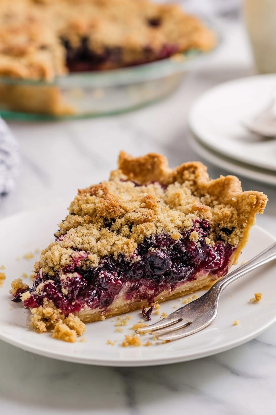 Blueberry Pie with Crumb Topping, blueberry pie recipe, easy blueberry pie, homemade blueberry dessert, blueberry crumble pie - A slice of pie with three visible layers sits on a white plate. The bottom layer is a golden crust that looks firm and crisp. Above that is a thick, creamy layer mixed with dark purple berries that spill slightly on the plate. The top layer is a crumbly, light brown streusel topping, adding texture and contrast. A silver fork rests next to the slice, with a small piece of pie on its tine, showing a soft interior mixed with the berries. The plate and pie are on a white marbled surface, and in the background, the rest of the pie sits in a clear glass pie dish. Photo taken with an iphone --ar 2:3 --v 7