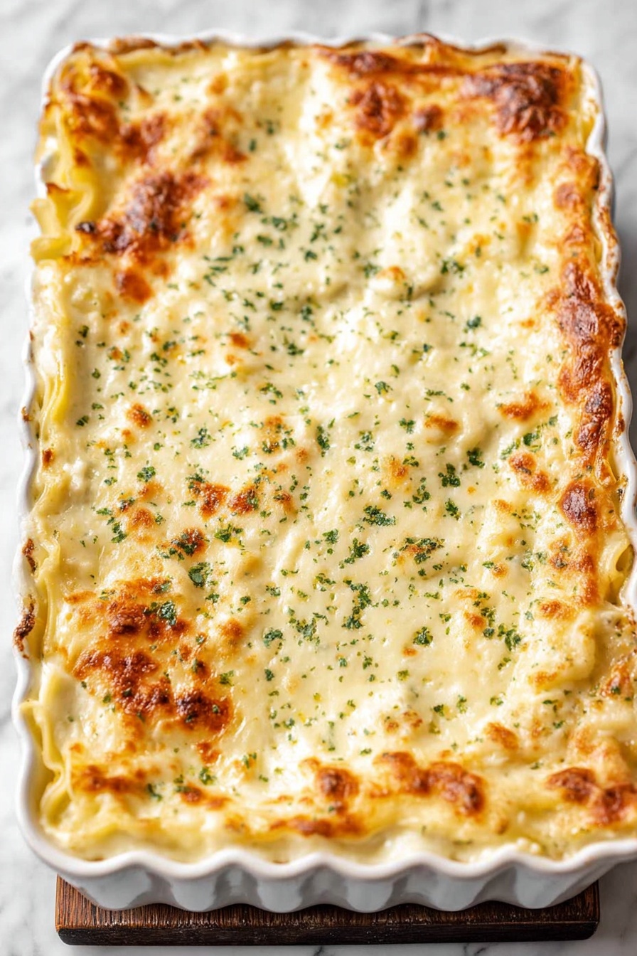 Cheesy Chicken Tetrazzini Bake, Chicken Tetrazzini casserole, cheesy pasta bake, creamy chicken pasta, family comfort food recipes - A white scalloped rectangular baking dish filled with a baked casserole that has multiple layers of pasta sheets covered with creamy white cheese sauce. The top layer is golden-brown and bubbly with specks of green herbs evenly spread across the surface. The edges of the pasta are slightly browned and crispy, giving a textured look to the sides. The dish rests on a white marbled surface. Photo taken with an iphone --ar 2:3 --v 7